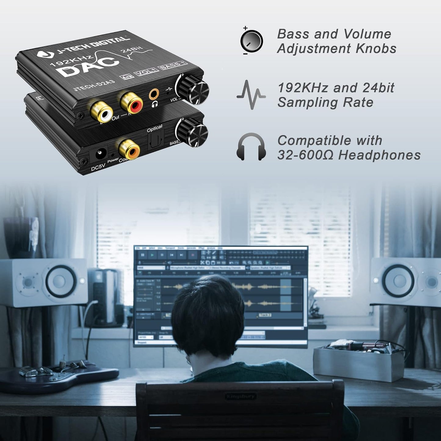 Digital to Analog Audio Converter with Headphone Amplifier & Bass Control by J-Tech Digital | 192kHz 24bit Optical Coaxial RCA 3.5mm