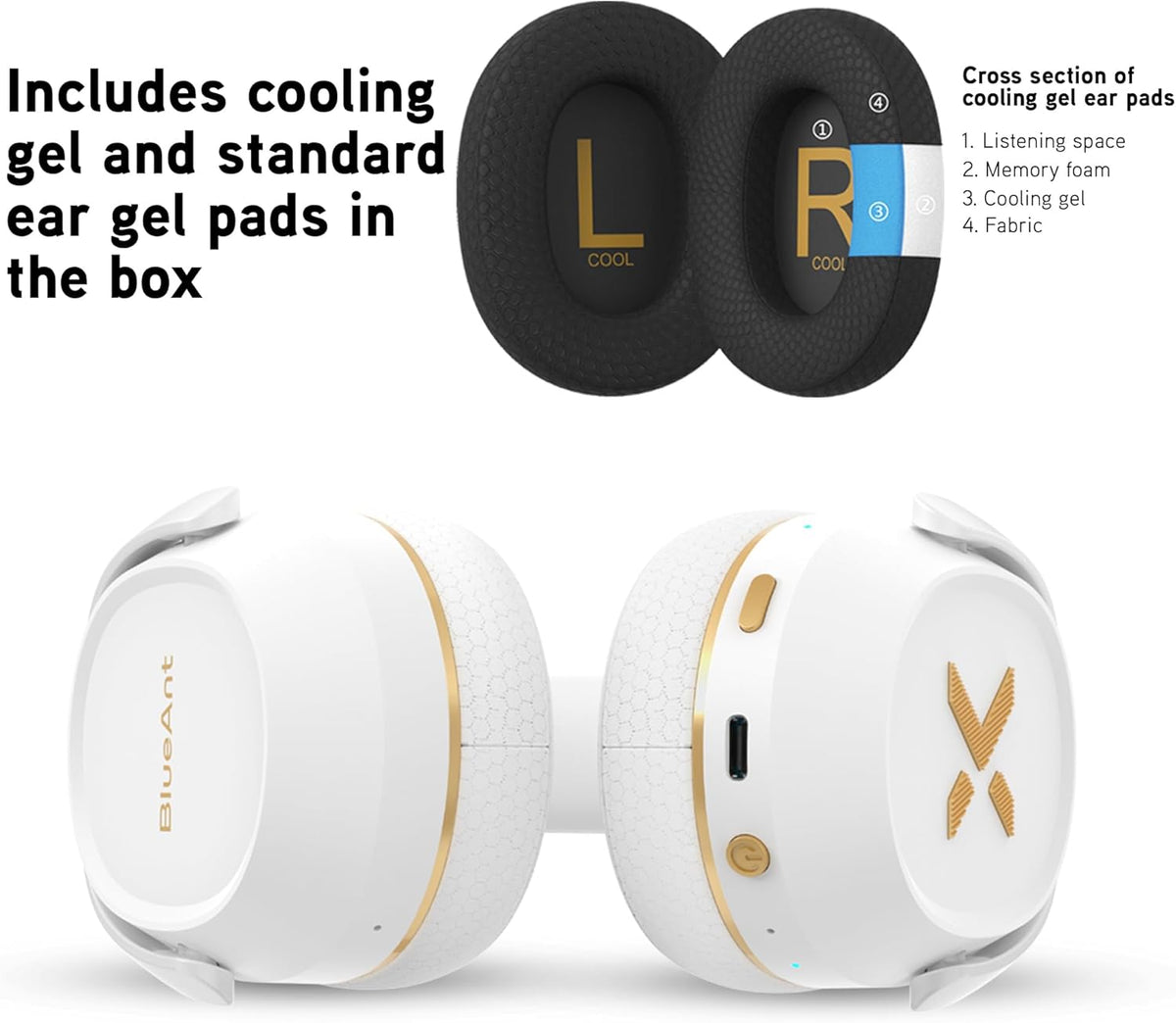 BlueAnt Pump X - The Gym Headphones | White/Gold | Sports Headphones | Cushioned & Cooling Ear Pads | (ANC) Active Noise Cancelling/Advanced Transparency | Wireless | Up to 58hr Play Time