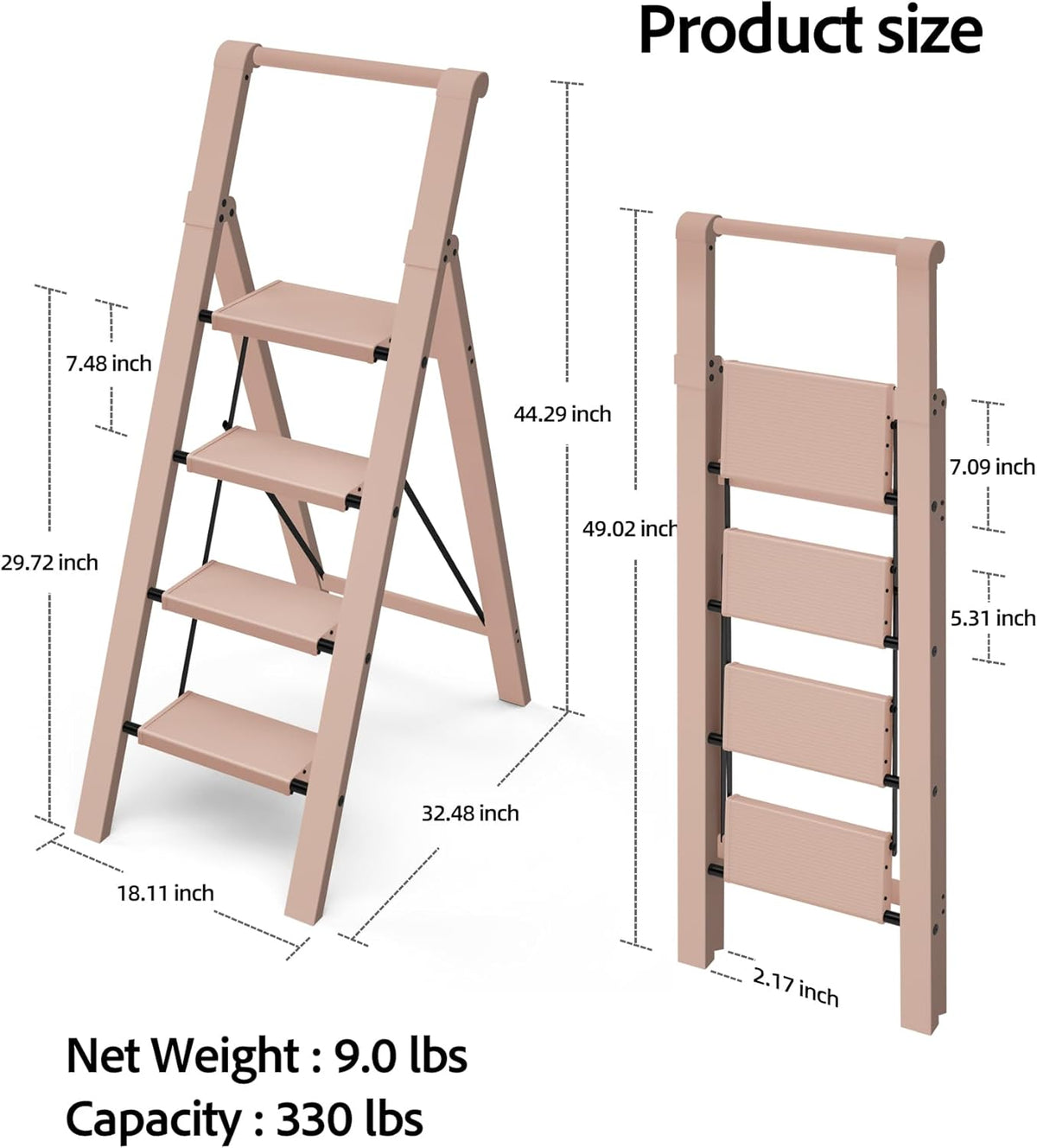 Taranta 4 Step Ladder, Lightweight Aluminum Step Stool with Convenient Handgrip, Folding Ladder with Anti-Slip Pedals, 330lbs Capacity Stepladder for Home, Office, Kitchen - Peach Pink