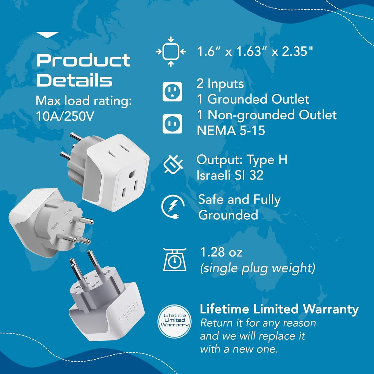 Ceptics Israel Plug Adapter - 2 in 1 Type H Adapter, US to Jersusalem Plug Adapter - Israel, Palestine Travel Adapter Plug, - Dual USA Inputs, CE, RoHS - 3 Pack