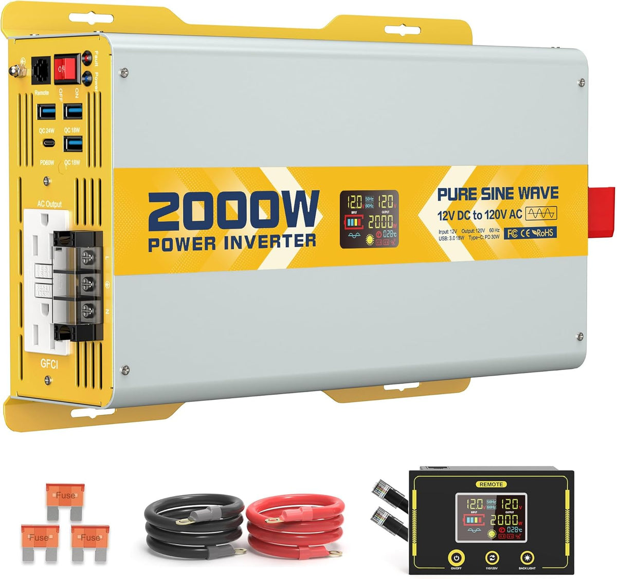 XWJNE 2000W Pure Sine Wave Power Inverter 12V DC to 120V GFCI AC Converter with LCD Display and Remote for Home, RV, Truck, Off-Grid Solar Power