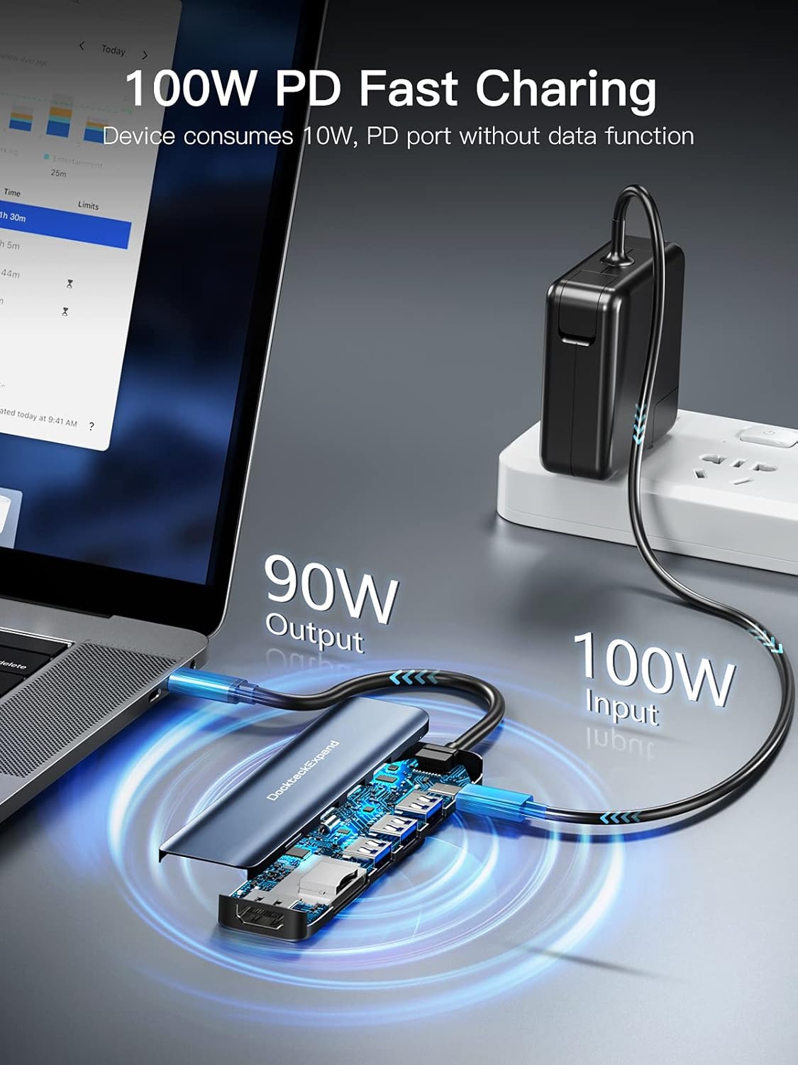 USB C Hub, DockteckExpand 7 in 1 USB-C Multiport Adapter with 4K HDMI, 100W Power Delivery, 3 USB 3.0 Ports, SD/TF Card Reader, for MacBook Pro/Air, iMac, iPad Pro, Surface Pro 7/8, XPS, HP and More