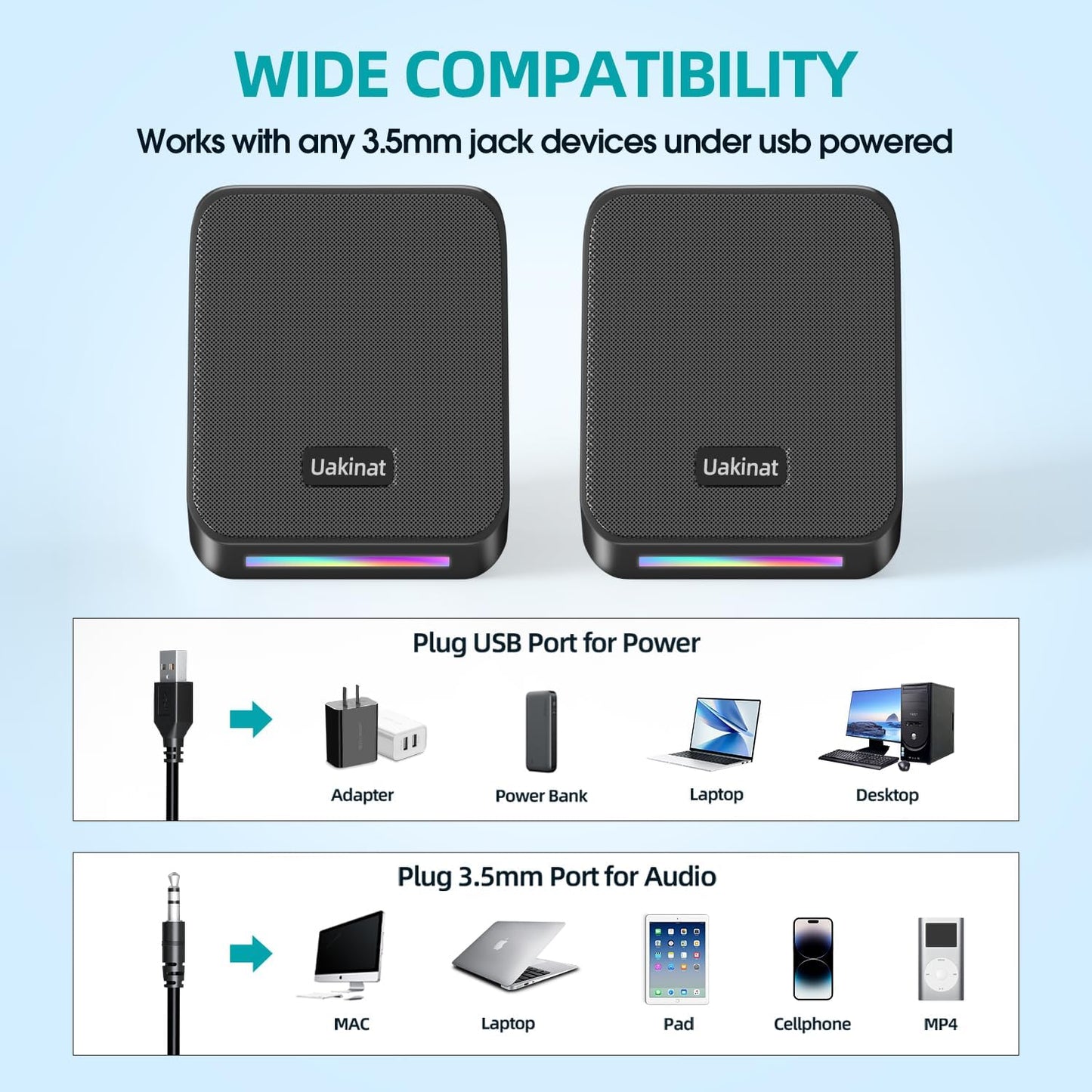 Computer Speakers,with 7 Colorful RGB Lights, Headphone Jack, Enhanced Bass and Volume Control, PC Speakers USB Powered Gaming Speakers for Laptop Monitor PC Tablet Phone