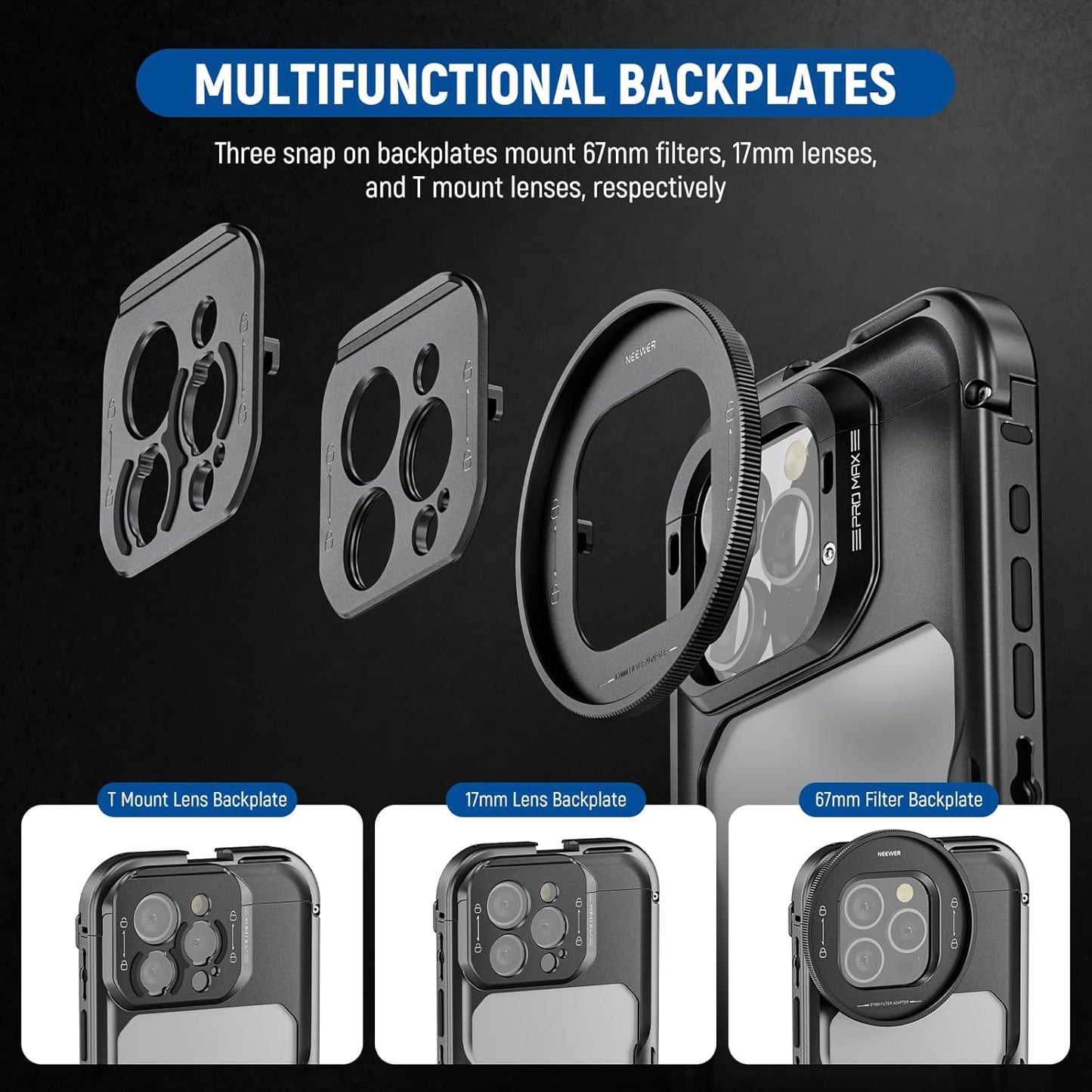 NEEWER 16 Pro Max Cage with Two Quick Release Side Handles, Phone Video Rig Kit with 67mm Filter Adapter, 17mm Lens Mount, T Mount Lens Adapter Compatible with iPhone 16 Pro Max (PA074+PA045E+PA045B)