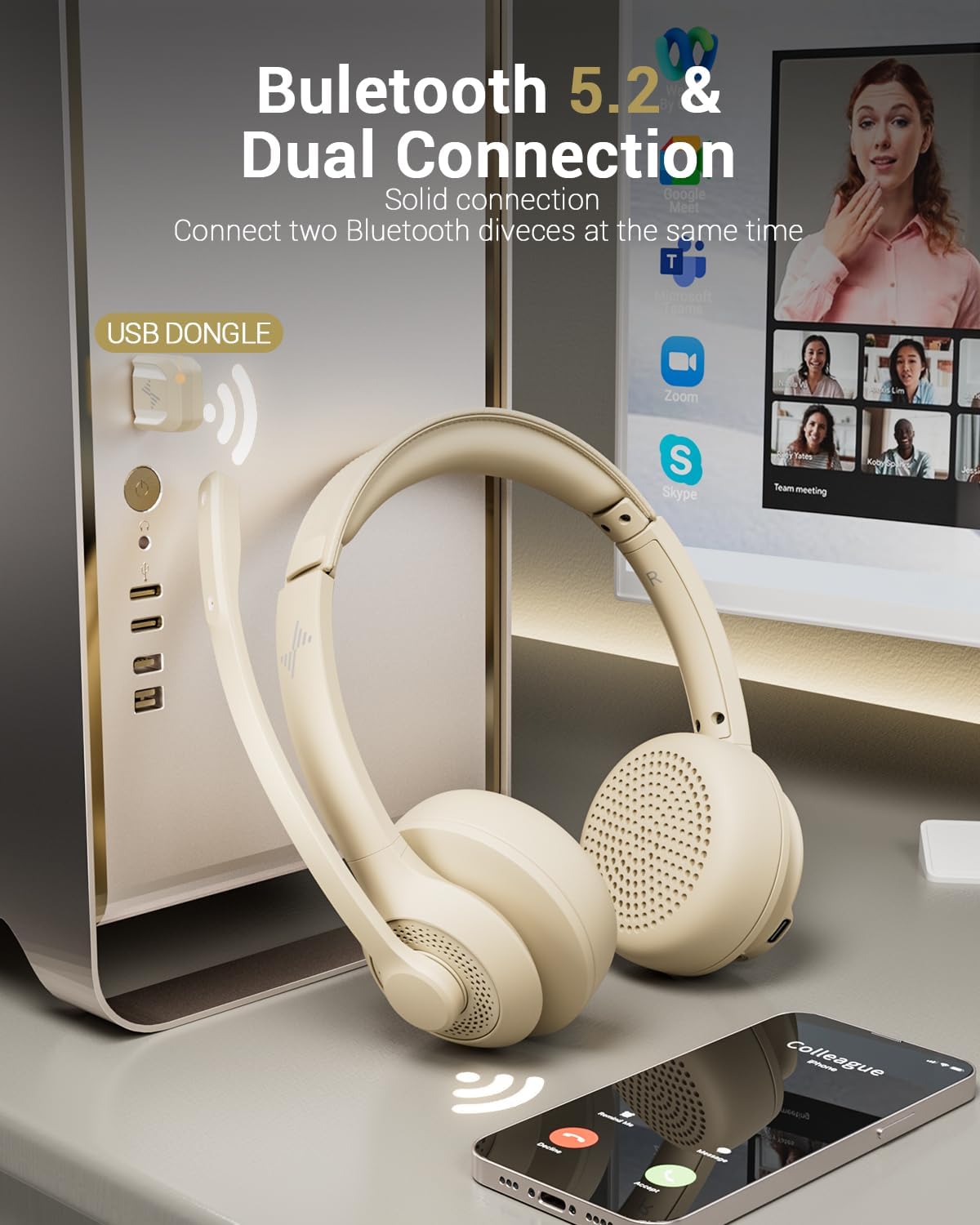 Wireless Headset with AI Noise Cancelling Microphone Bluetooth Headset - Bluetooth V5.2 Headphones with USB Dongle & Mic Mute for Computer/Laptop/PC/iPhone/Android/Cell Phones/Zoom-Apricot