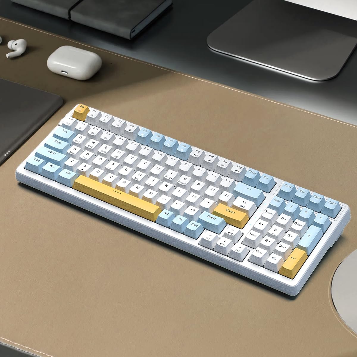 Wireless Mechanical Keyboard, Triple Mode 2.4G/USB-C/BT Gaming Keyboards 100 Keys Ice-Blue Backlit Brown Switch Keyboard | Rechargeable Mechanical Gaming Keyboards | Ice Blue/W/Y