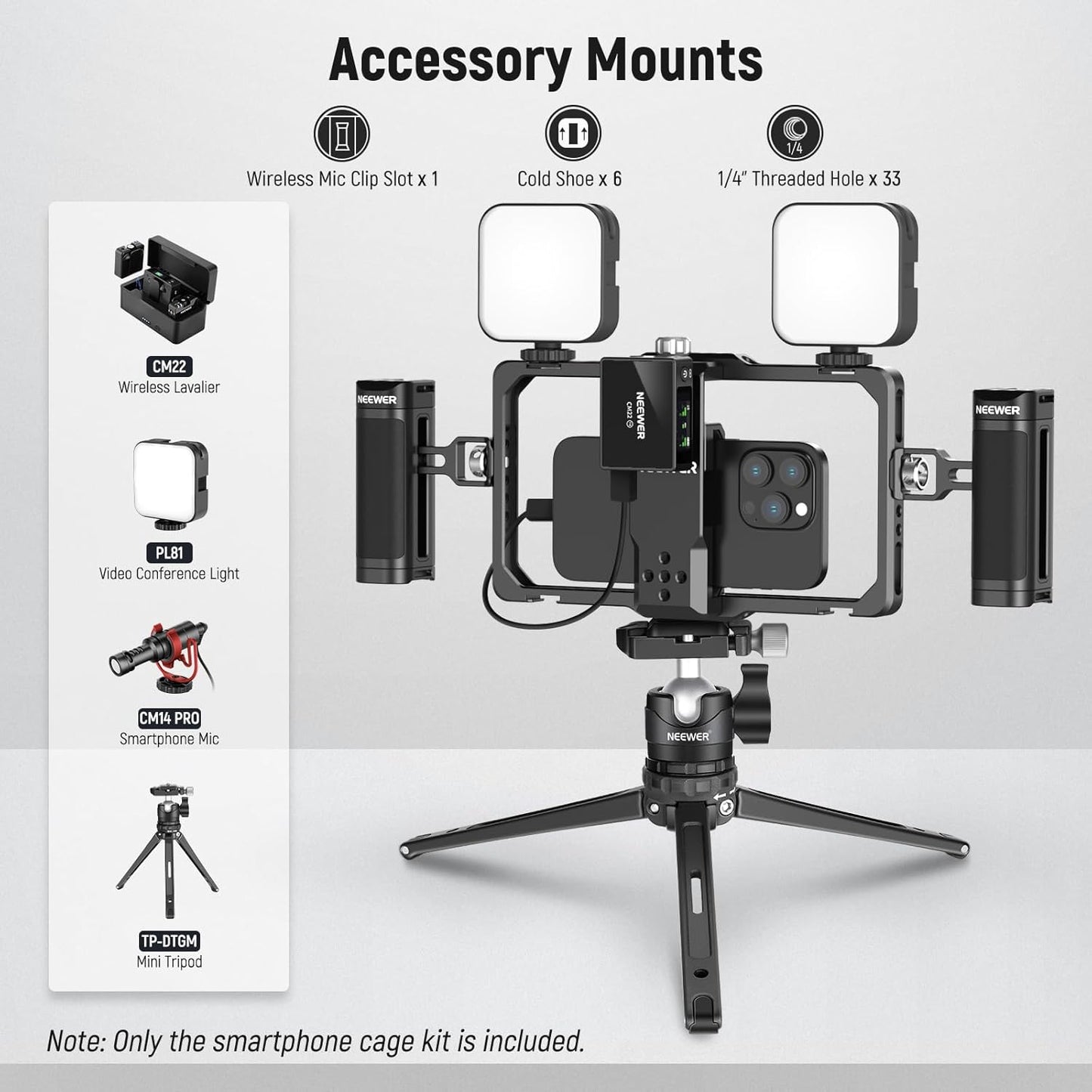 NEEWER Upgraded Phone Rig Vlogging Kit, Video Stabilizer with Dual Handle, Wireless Mic Clip Slot for Tiktok/YouTube, Compatible with SmallRig iPhone 16 15 14 Pro Max Plus 13 Galaxy S23, PA009