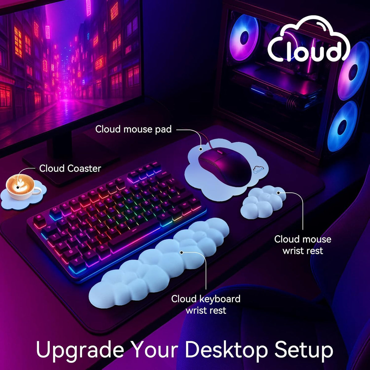 Cloud Wrist Rest for Computer Keyboard, 4-in-1 Memory Foam Leather Cloud Keyboard Wrist Rest and Mouse Pad Set with Ergonomic Support for Arm and Palm Cushion, Gaming/Work Setup, Blue