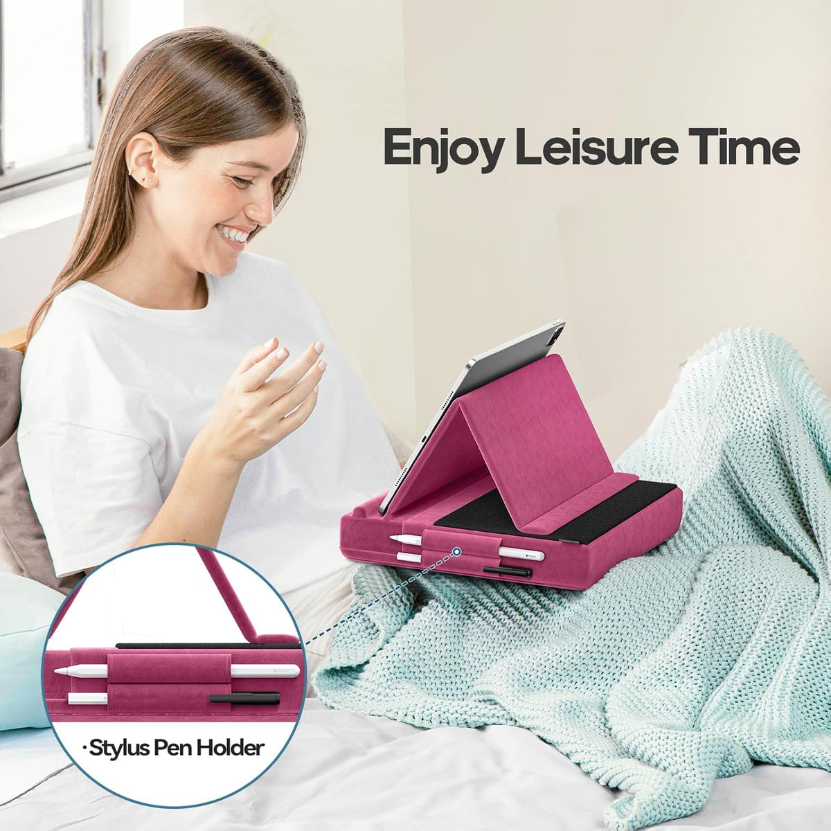 KDD Tablet Pillow Stand, Multi-Angle Viewing Ipad Holder for Lap, Bed and Desk, Foldable Soft Pad Dock with Stylus Mount Compatible with Ipad Pro 12.9, 10.5, 11, Air, Mini, Phones, Books, E-Reader
