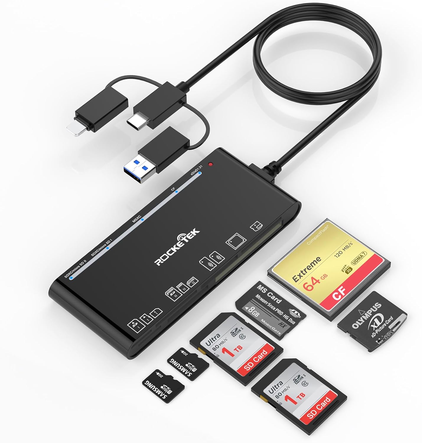USB C Lightning USB3.0 Multi Card Reader for SD CF XD MS Micro SD TF, 7 in 1 Memory Card Reader Adapter Hub for iPhone/iPad/MacBook/Samsung, for Windows, Mac OS, iOS, Linux, Android