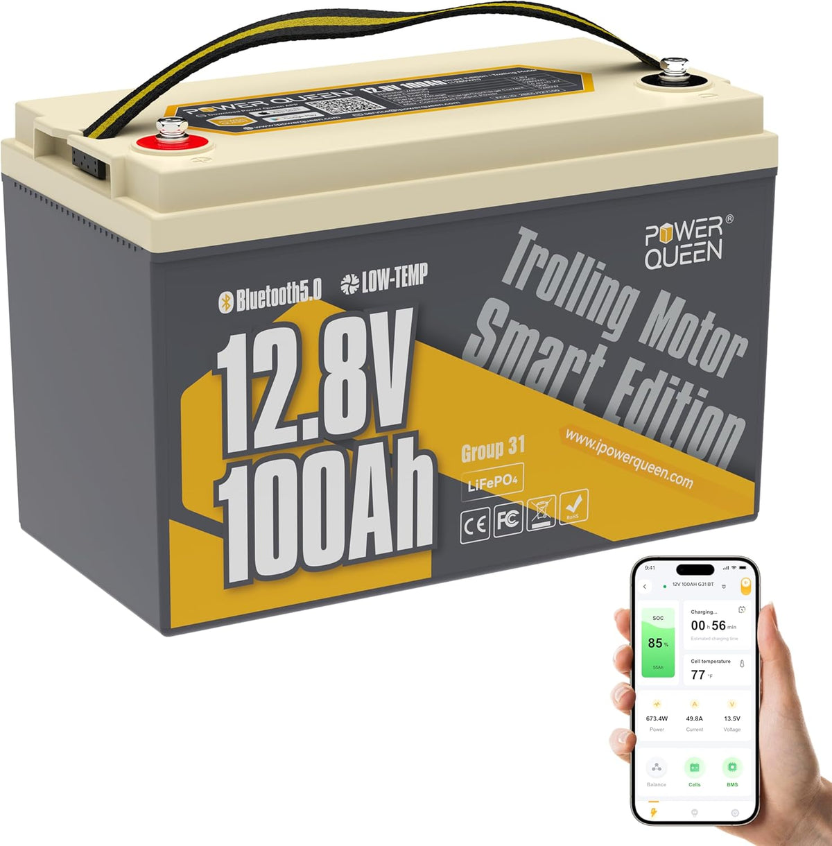 Power Queen 12V 100Ah Group 31 LiFePO4 Battery Bluetooth 5.0, Deep Cycle LiFePO4 Battery Max. Output Power 1280W, 100A BMS with Low-Temp Cut-off Protection for RV, Trolling Motors, Solar System