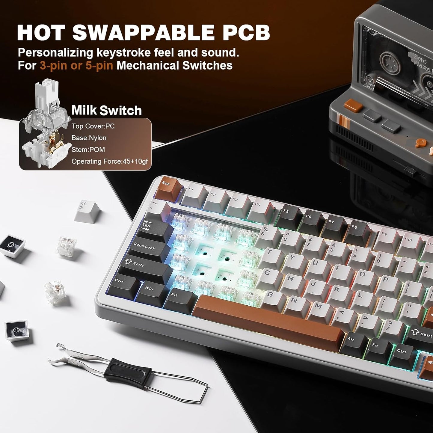 YUNZII B75 PRO Wireless Mechanical Keyboard,75% Layout with Knob,Hot Swap Gasket Custom Structure,Creamy Pre-lubed Switches,RGB Backlit,Bluetooth/Type-C/2.4G for Win/Mac(Milk Switch,Grey)