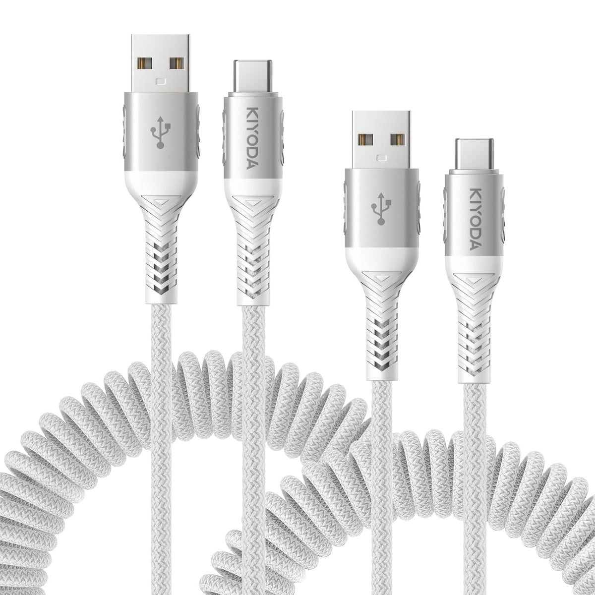 Coiled USB to USB C Cable for Car 3FT/6FT, USBC Cables Fast Charging Braided USB-A to USB-C Phone Charger Cord USB Type C Cable for iPhone 17 16 15 Pro Max, Samsung Galaxy S24 S23-2Pack Silver