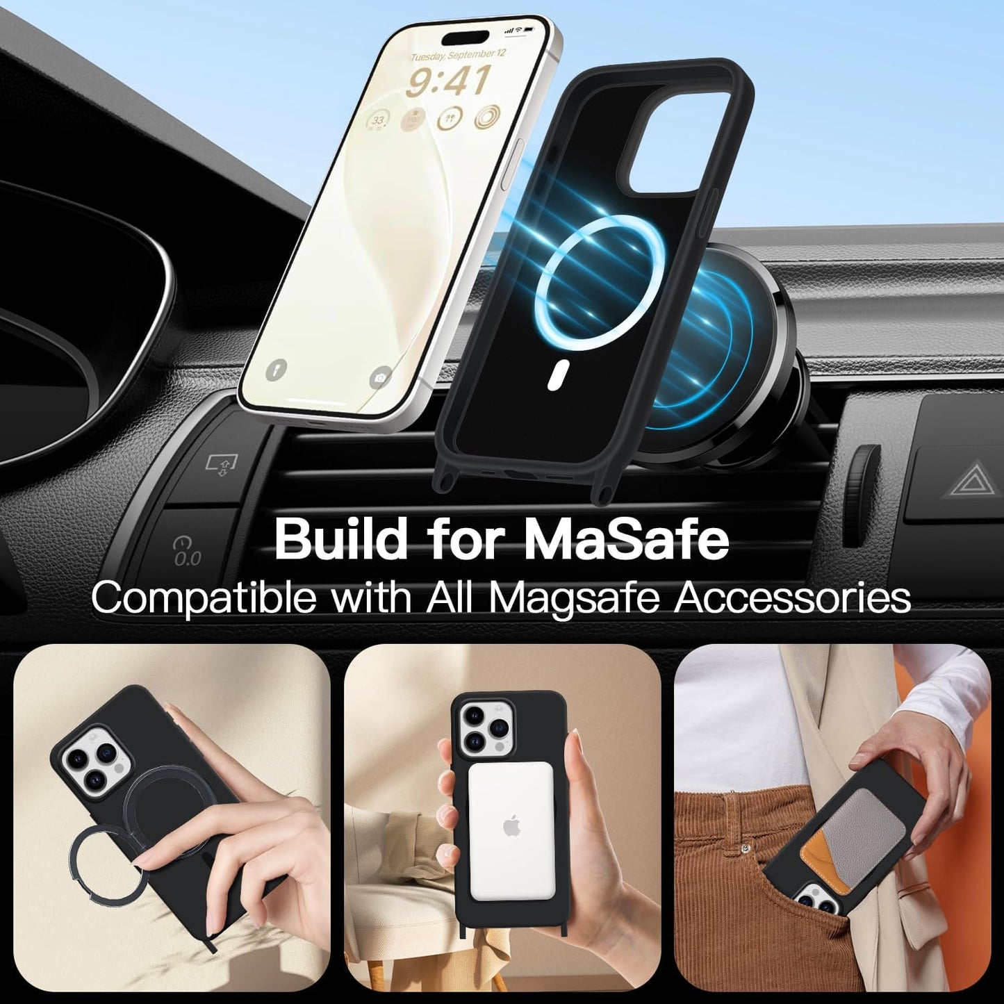 for iPhone 15 Pro Max Case with Lanyard [Compatible with MagSafe], Crossbody Phone Case with Neck Strap Adjustable, Magnetic Phone Cover for iPhone 15 Pro Max 6.7'' Black