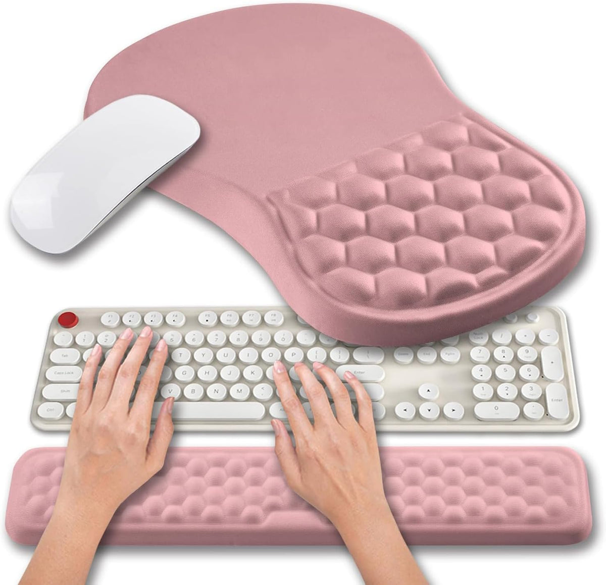 Hokafenle 2 in 1 Ergonomic Mouse Pad Wrist Support & Wrist Rest for Computer Keyboard Set, with Relieve Carpal Tunnel Pain Massage Bulge and Full Memory Gel Design (2In1 Set, Pink)