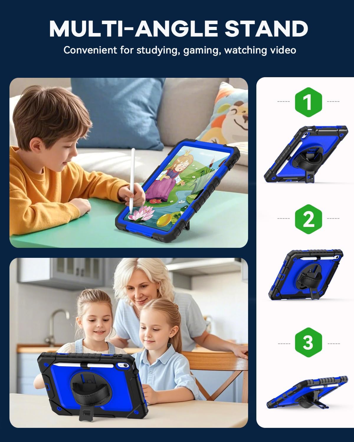 Cantis Case for iPad 11-inch (A16) 2025/ iPad 10th Generation 2022 (10.9 inch) with Screen Protector, iPad 11th Case with 360 Degree Rotating Stand/Shoulder Strap/Pencil Holder, Black+Dark Blue