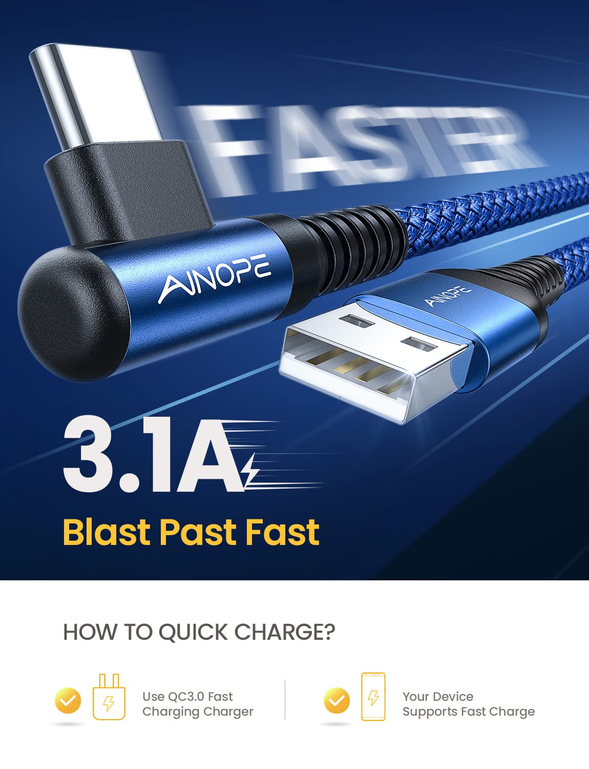 1.6FT USB to USB C Cable, 3.1A C Charger Cable Fast Charging Right Angle, Type C Cable Samsung Resistant Nylon Braided Compatible with Galaxy S22 S21 S10, Note 10 9 A51 LG G8 G7 Charging Cord