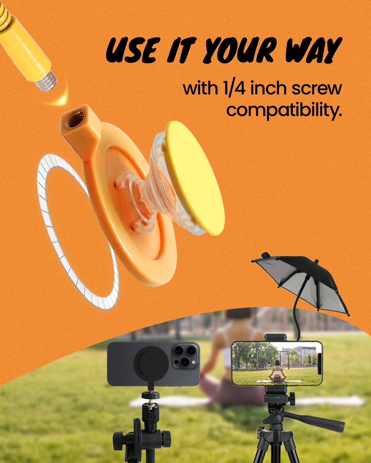 3 in 1 Magnetic Umbrella Sunshade Collapsible Expandable Phone Grip & Stand - Elegant Magsafe Compatible Phone Holder for Secure Grip and Hands-Free Viewing (Black)