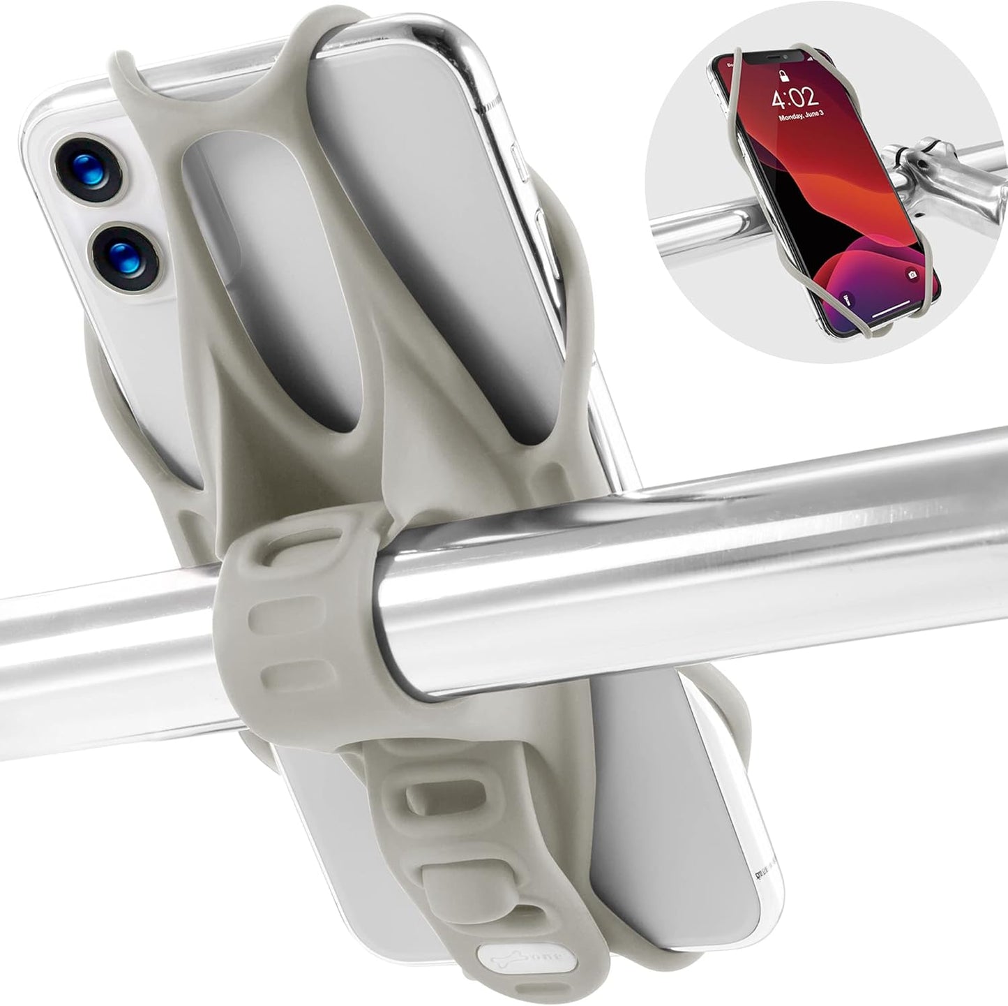 BONE Bike Tie 3, Bike Cell Phone Mount for Handlebar, Scratch-Free Silicone Holder with Anti-Slip Design, Universal Cycling Phone Holder Compatible with Most Smartphones (Gray - Handlebar)