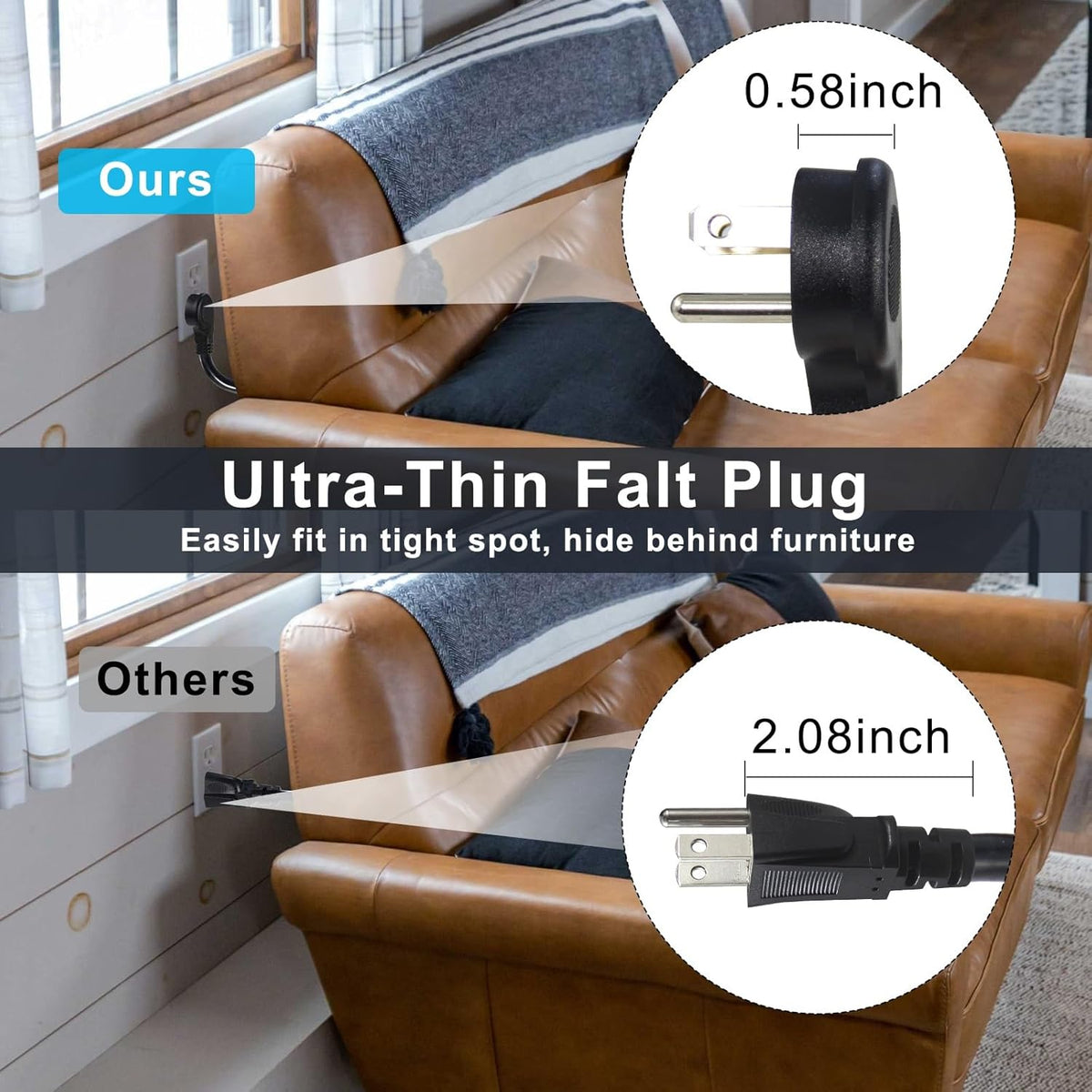 Power Extension Cord Y Splitter - 1FT Right Angled Type Flat Plug NEMA 5-15P 1 to 2 Way Outlet NEMA 5-15R SJT 16AWG 3 Prong Low Profile Black AC Power Cable Wire Extender for Home Office (2-Pack)