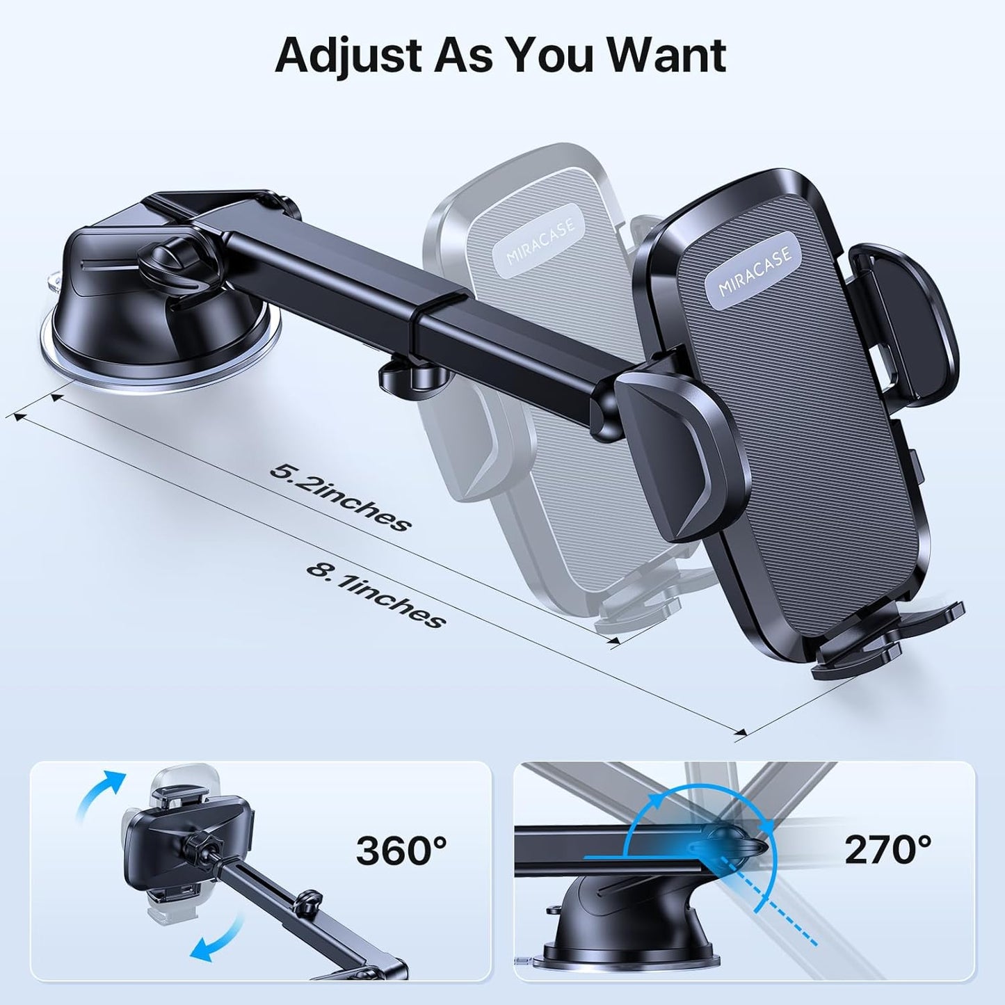 Miracase Phone Holders for Your Car, [Thick Case & Heavy Phone Friendly] Universal Cell Phone Car Mount, 3-in-1 Phone Mount for Car Dashboard Windshield Air Vent Fit for All Smartphones