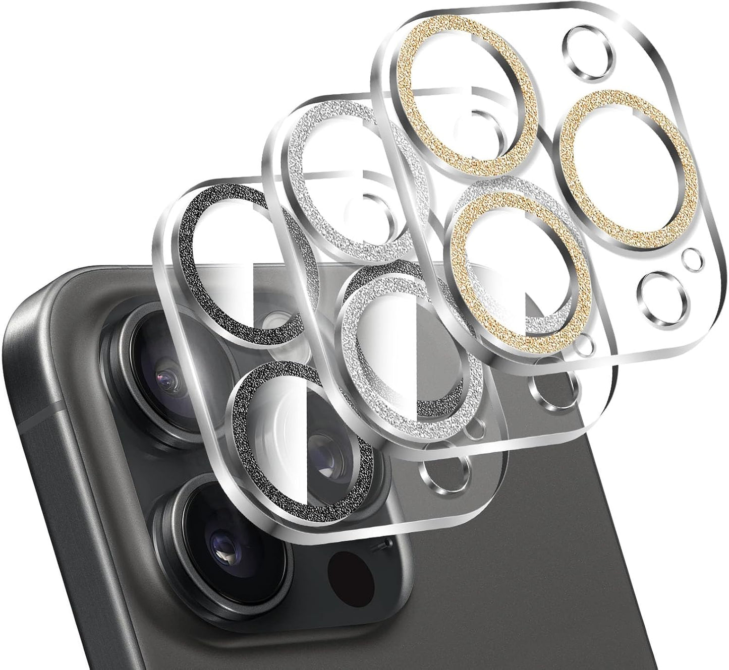 LucBuy 3PCS Sparkling Camera Lens Protector for iPhone 15 Pro/iPhone15 Pro Max, Full Clear Acrylic Cover with Shiny Colorful Glitter Designed Decoration Back Camera Protector