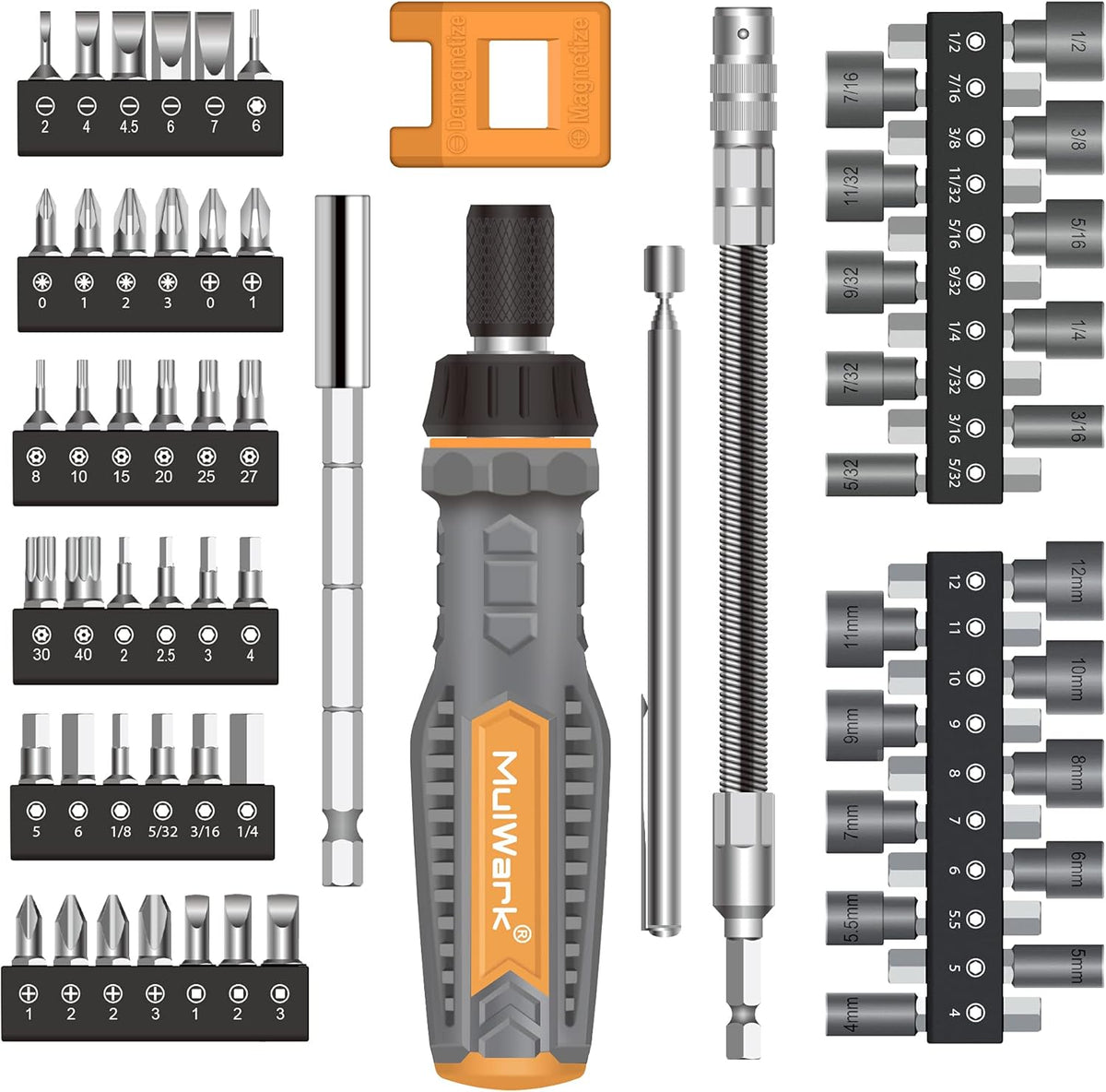 MulWark 63PC Magnetic Ratcheting Screwdriver Bit Set - Multibit Screw Driver with Screwdriver Bits Including Slotted, Torx, Hex, Pozi, Philips, Square; Nut Driver Set for SAE and Metric