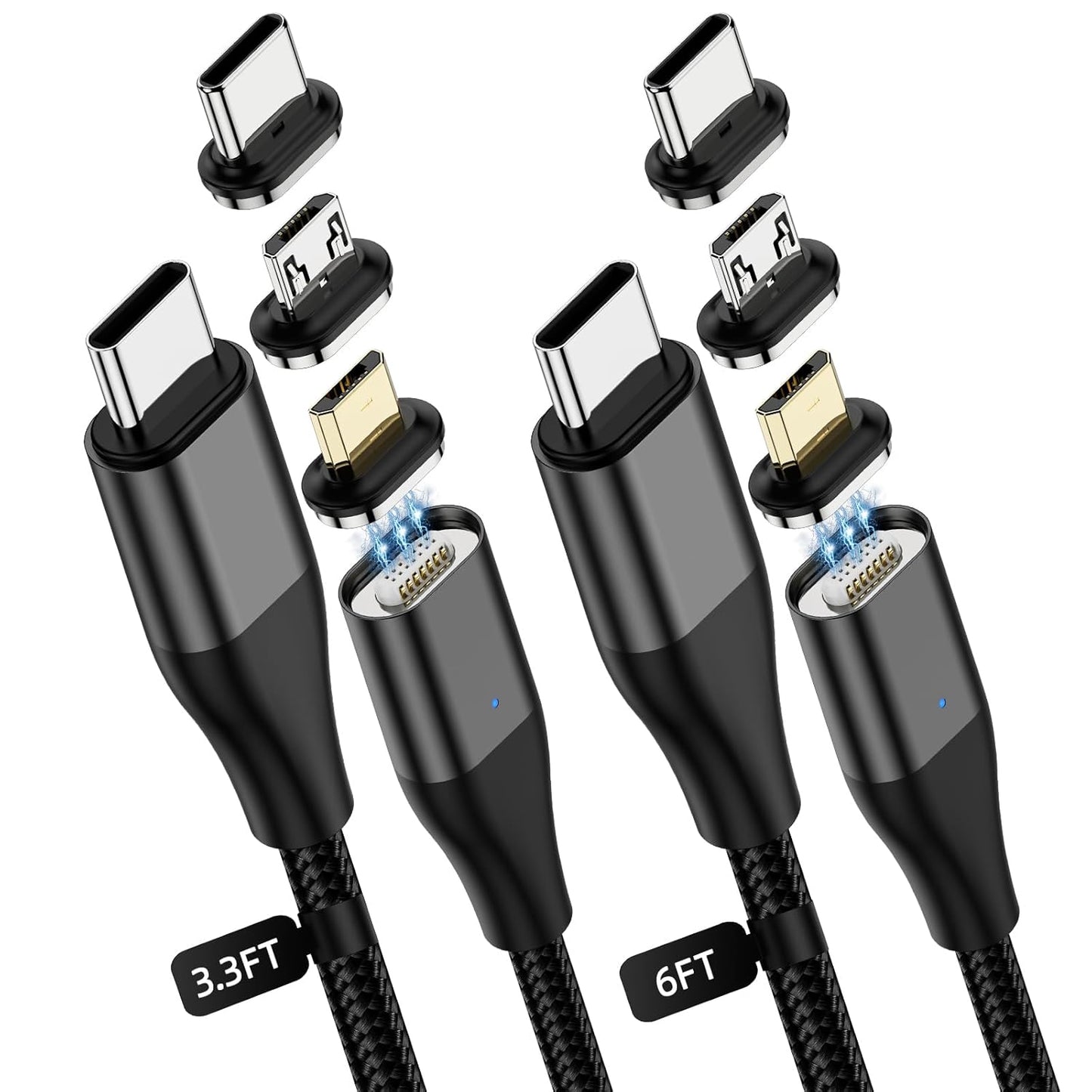 YKZ 3 in 1 Magnetic USB C to C Cable, Magnet Charging Cable, [3.3FT+6.0FT] PD 60W Fast Charger Nylon Braided Cord Compatible with Type C and Android Devices (Black)