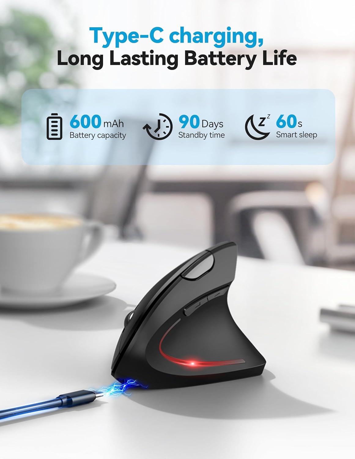 TECKNET Ergonomic Mouse, Rechargeable 2.4G+Bluetooth Vertical Mice 6 DPI Adjustable, Wireless Optical Carpal Tunnel Mouse for Right Hand, Silent 6 Buttons for Laptop, PC, MacBook, iPad - Black