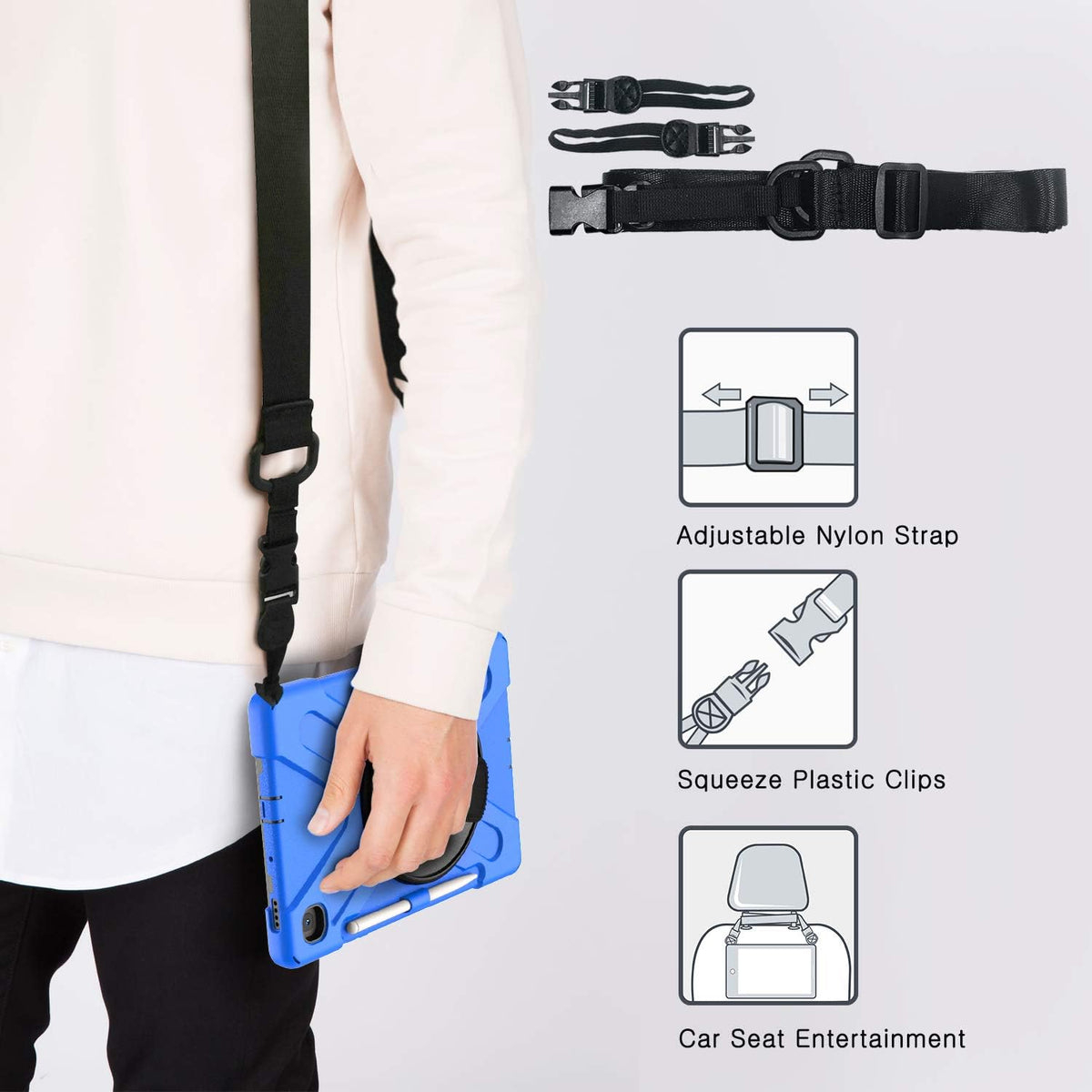 BRAECN for Samsung Galaxy Tab S6 Lite 10.4 Case 2024, Rugged Protective Case with Rotating Kickstand, Carrying Shoulder Strap, Handle Hand Strap, S Pen Holder for Galaxy Tab S6 Lite 10.4”2022-Blue