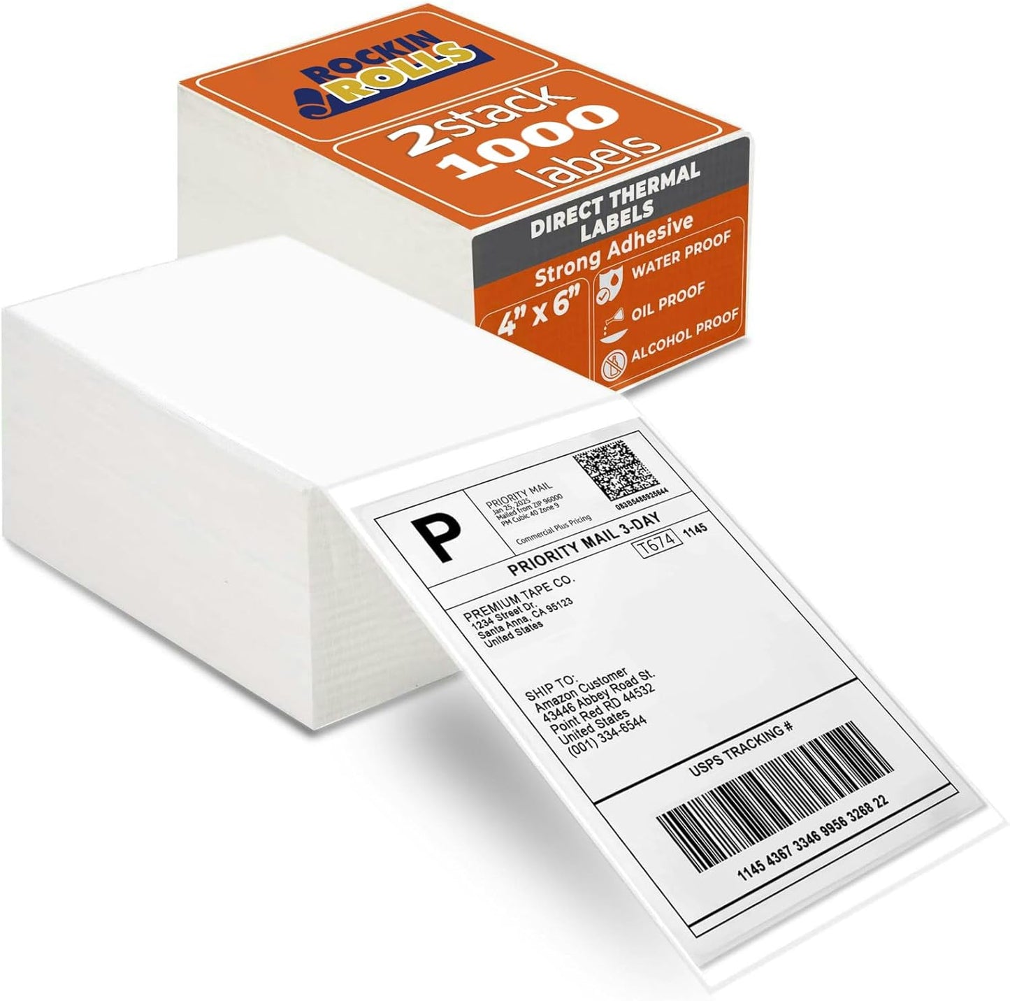 Rockin Rolls Direct Thermal Shipping Labels (Total of 1000) 2 Packs of 500-4x6 Thermal Labels Fanfold, Thick, Commercial Grade, Waterproof Mailing & Address Labels, Perforated & Strong Adhesive