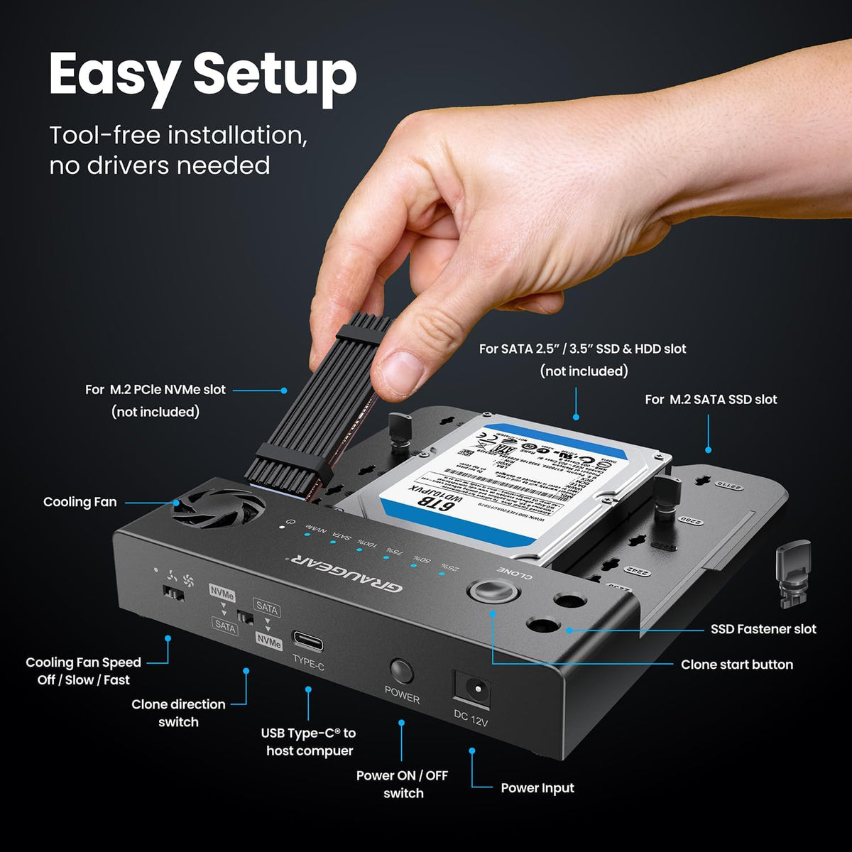 GRAUGEAR SATA SSD/HDD to M.2 NVMe Docking Station, USB-C 10Gbps Clone Station for M.2 NVMe SSD to SATA 2.5”/3.5” SSD & HDD Converter, Offline Cloning, Tool-Free, Built-in Cooling Fan