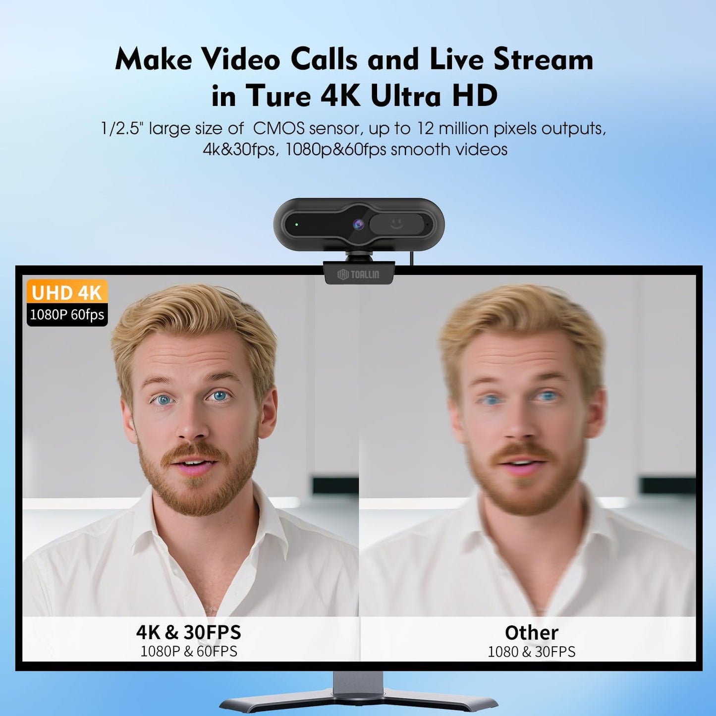 TOALLIN 4K Webcam for PC, 1/2.5" Sensor & 12MP, 1080P & 60FPS, PDAF Auto-Focus, Built-in Microphone and Sliding Privacy Cover, USB Web Camera for Gaming, Conferencing, Streaming and Video Calls