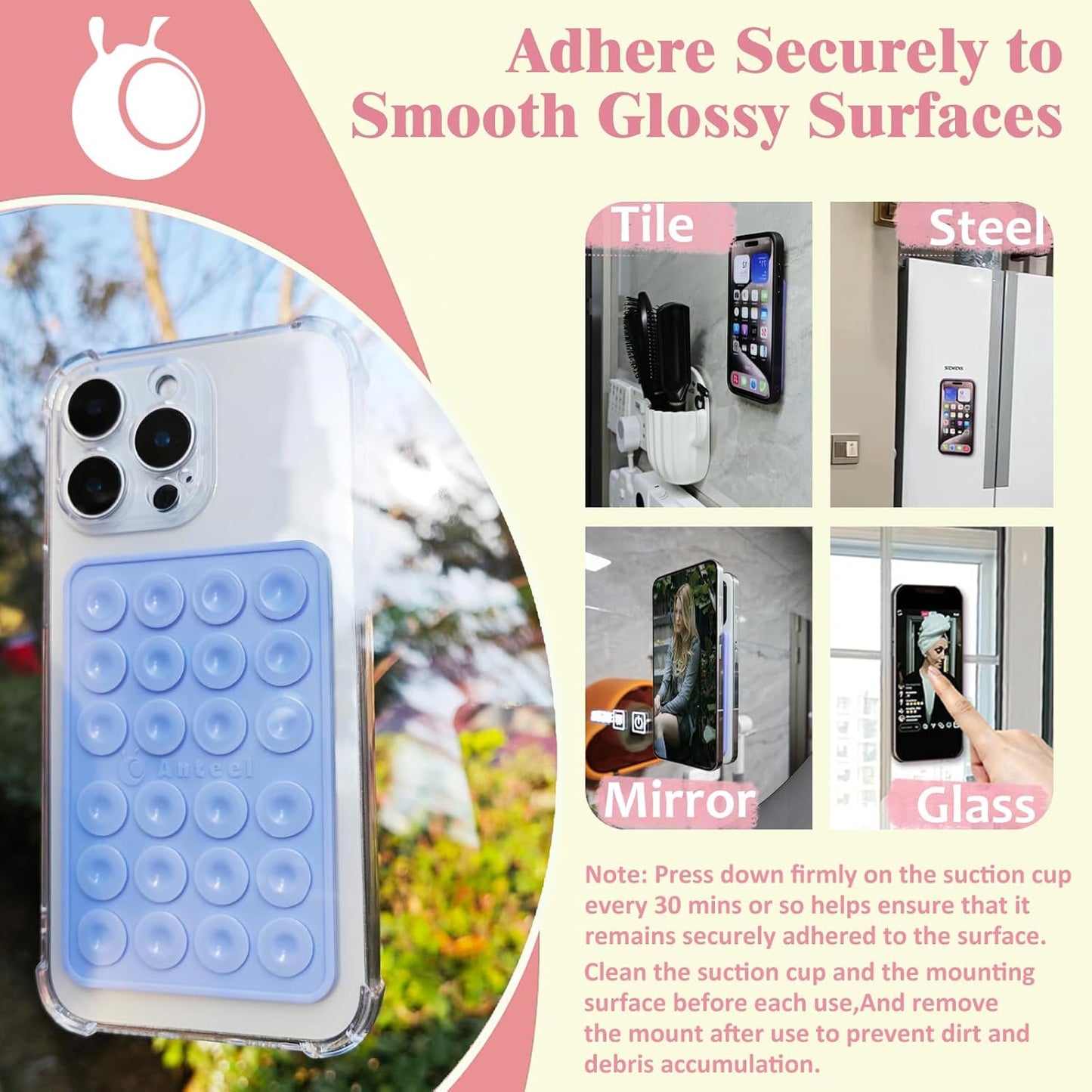 Anteel MAX Silicone Suction Phone Case Adhesive Mount, Upgraded Super Strong Grip, Durable, Easy to Use, Hands-Free Sticky Phone Holder for Selfies, Tiktok Videos, 2.56"x3.94" (LPK&TP)