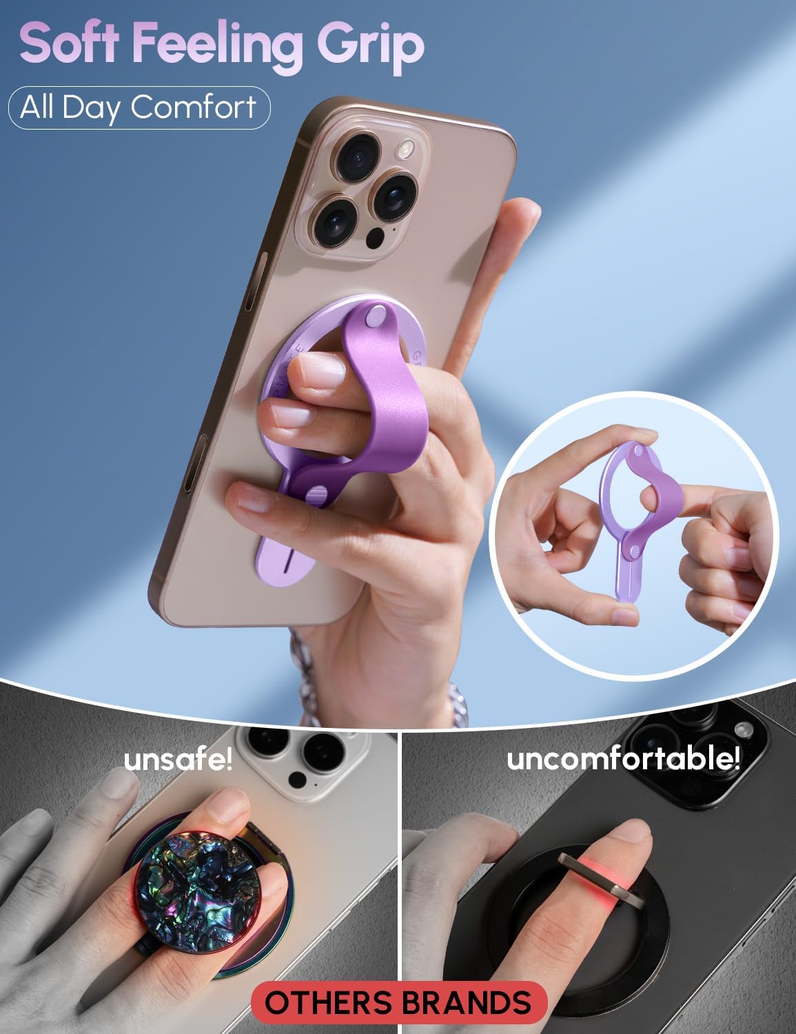 Phone Grip for iPhone - Magnetic Phone Ring Holder Detachable for iPhone 16 - Comfortable Finger Phone Loop Grip for Apple 16/15/14/13/12,Purple