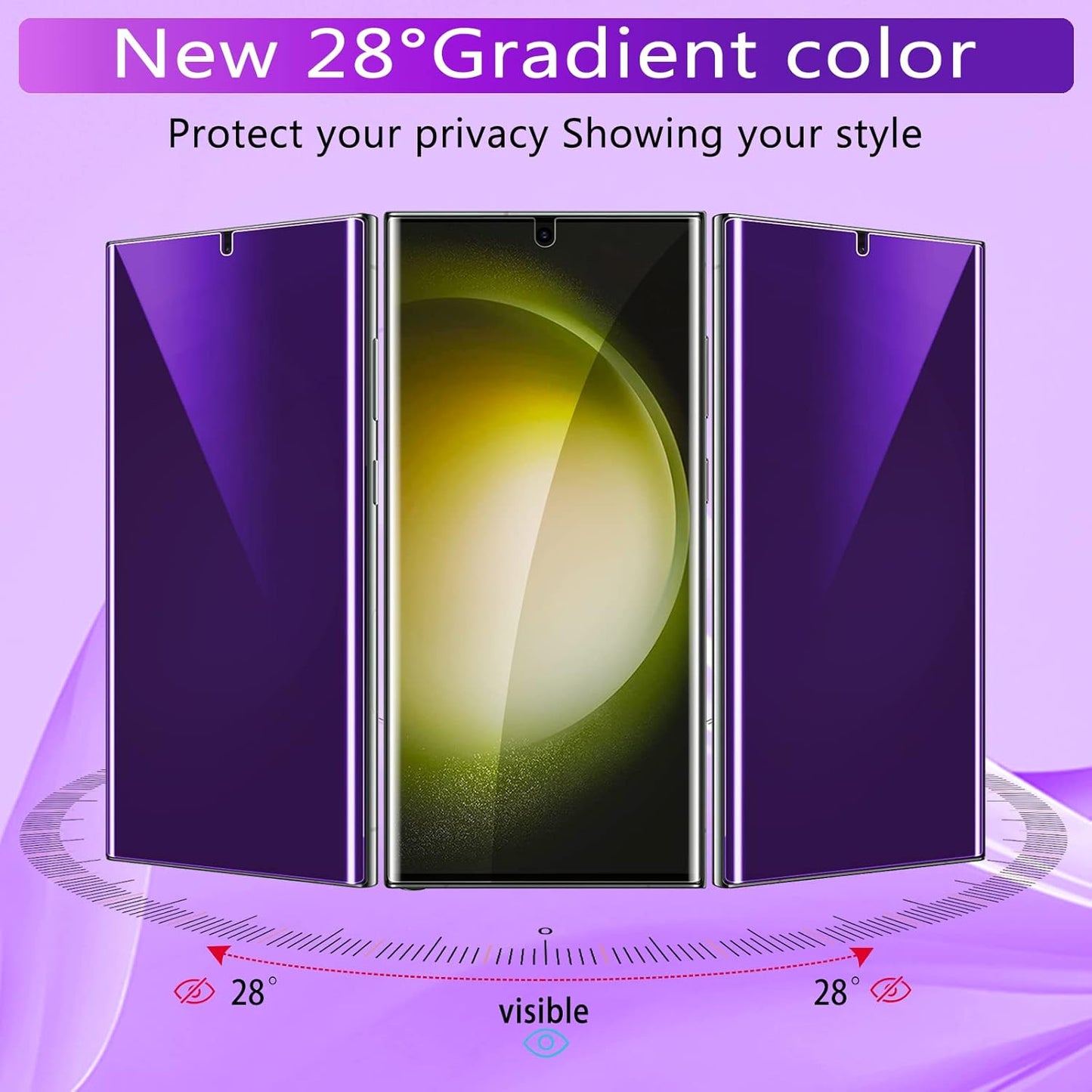 [2+2 Pack] Lesakit Anti-Blue Light Privacy Screen Protector for Samsung Galaxy S23 Ultra 6.8 inch with 2 Pack Camera Lens Protector, [Support Fingerprint ID] Anti Spy TPU Flexible Screen Protector- Purple