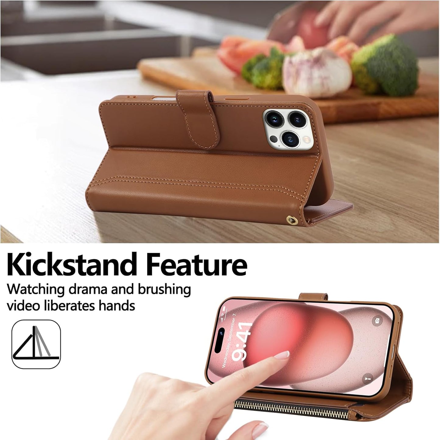Compatible with iPhone 14 Pro Wallet Phone Case-PU Leather Magnetic Flip Cover with Credit Card Slots,Zipper Pocket & Detachable Wrist Strap,Shockproof Design,for Women and Men-Brown