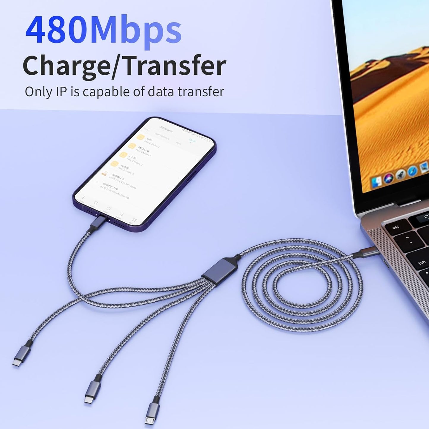 USB C Multi Charging Cable [1Pack 5FT], 4 in 1 Charging Cable Nylon Braided USB-C Multiple Charger Cord with Micro USB,IP Port and 2 Type C Adapter Port for iPhone 16/15 Series/Cell Phones and More