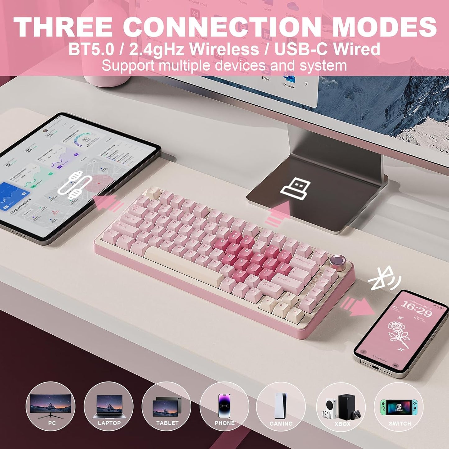 YUNZII B75 PRO Wireless Mechanical Keyboard,75% Layout with Knob,Hot Swap Gasket Custom Structure,Creamy Pre-lubed Switches,RGB Backlit,Bluetooth/Type-C/2.4G for Win/Mac(Milk Switch,Pink)
