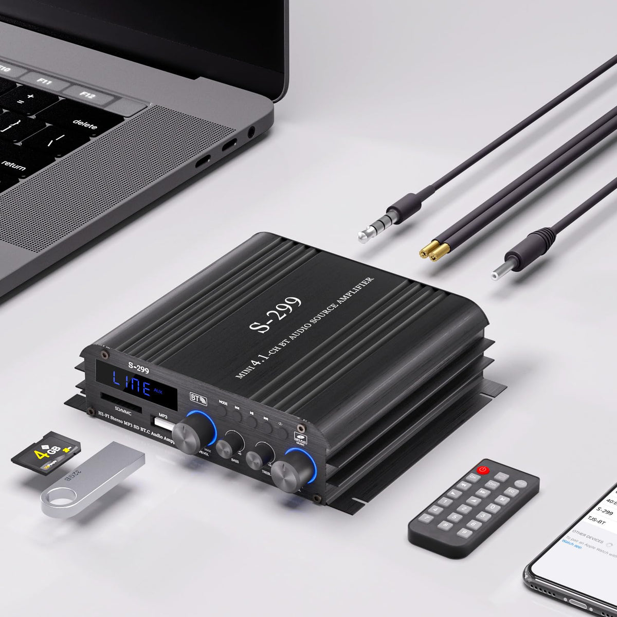 Facmogu S-299 4.1CH Bluetooth Power Amplifier with Active Subwoofer Output (NOT Passive Subwoofer), Max 800W RMS 40Wx4 Subwoofer Amplifier Hi-Fi Integrated Mini Speaker Amp Audio Sub Bass Amp