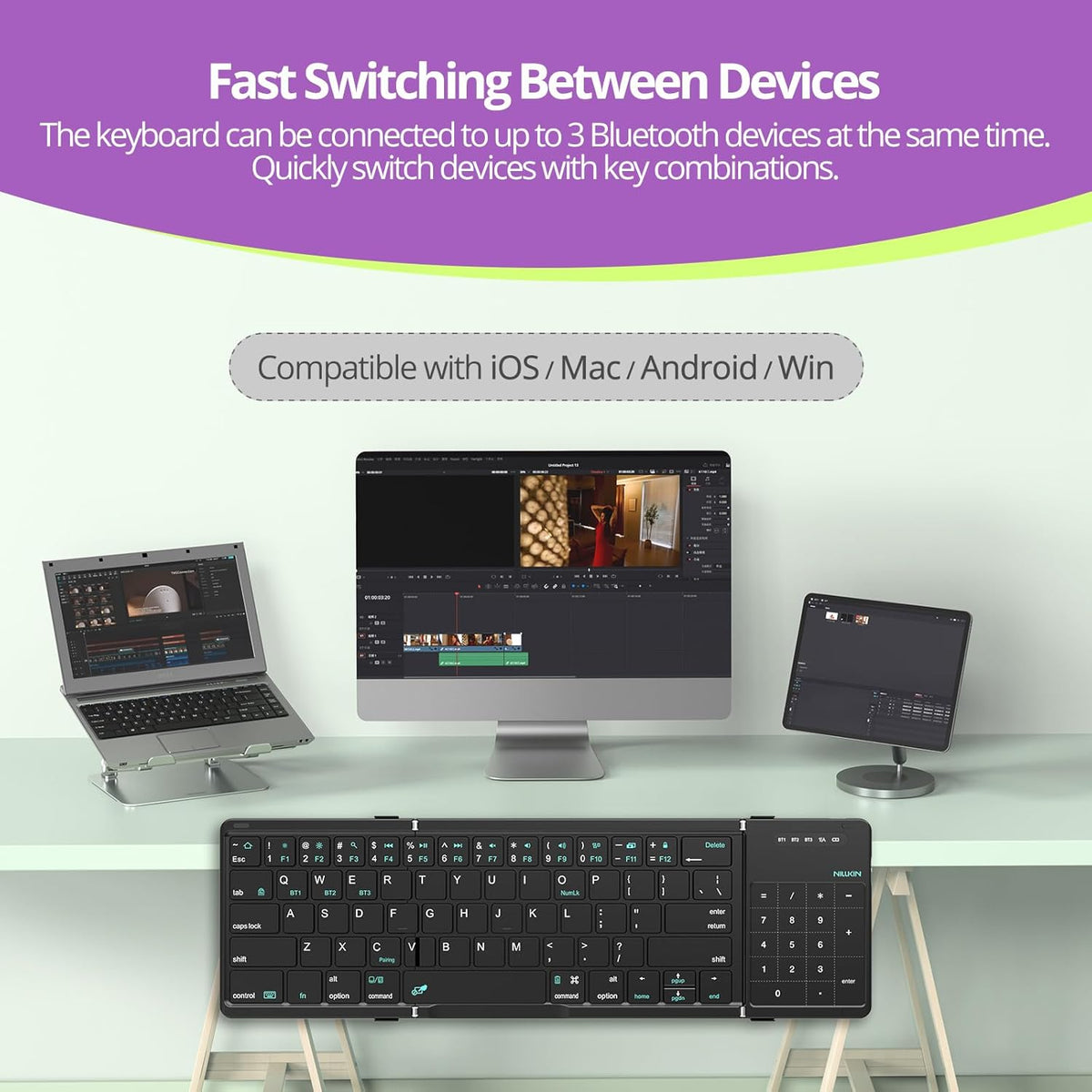 Nillkin Pocket Foldable Keyboard with Touchpad & Wireless Bluetooth, Portable Travel Keyboard for Home or Mobile Office Replaces Keypads and Mouse Combo, Compatible with iPad, Laptop, Tablet - Black