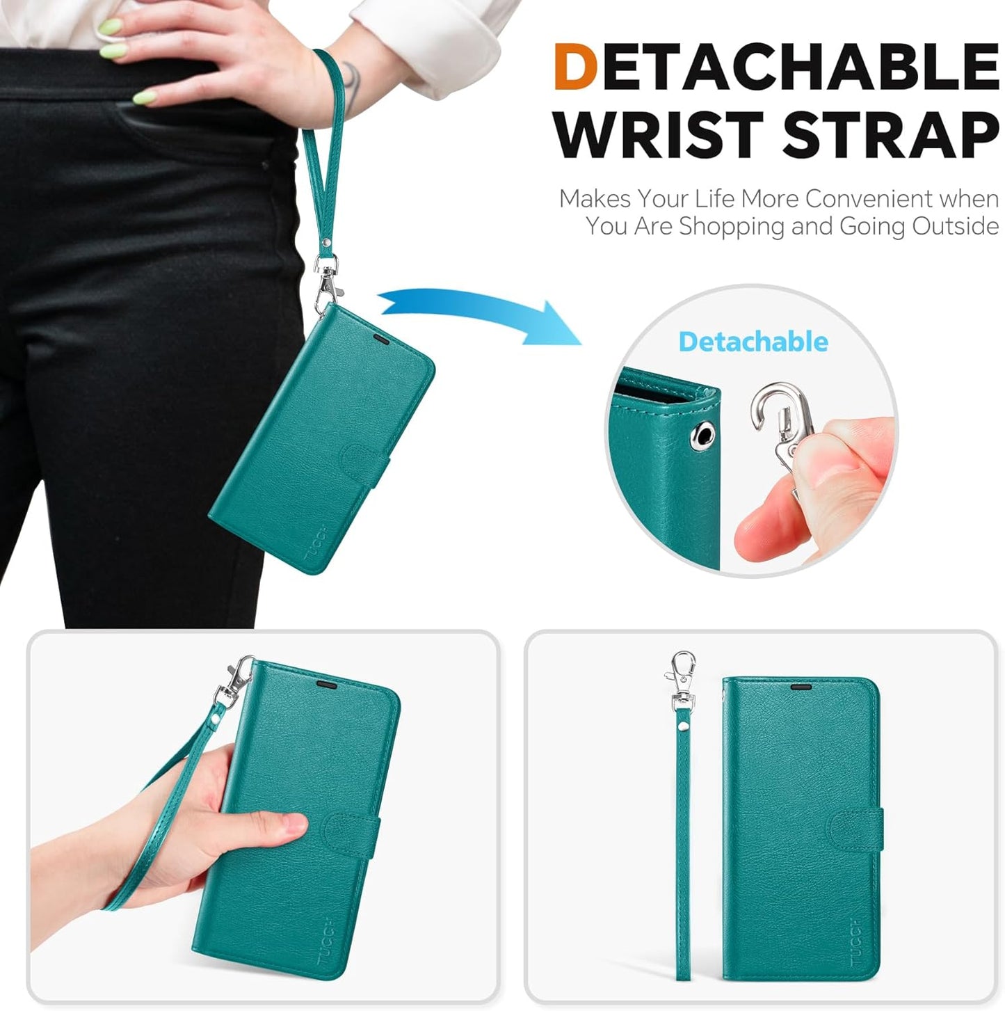 TUCCH Case for Galaxy S25 Edge, Detachable Wallet with RFID Blocking 4 Card Holder, Wireless Charging Wrist Strap Removable Stand PU Leather Flip Shockproof Phone Cover for Galaxy S25 Edge 6.7", Cyan