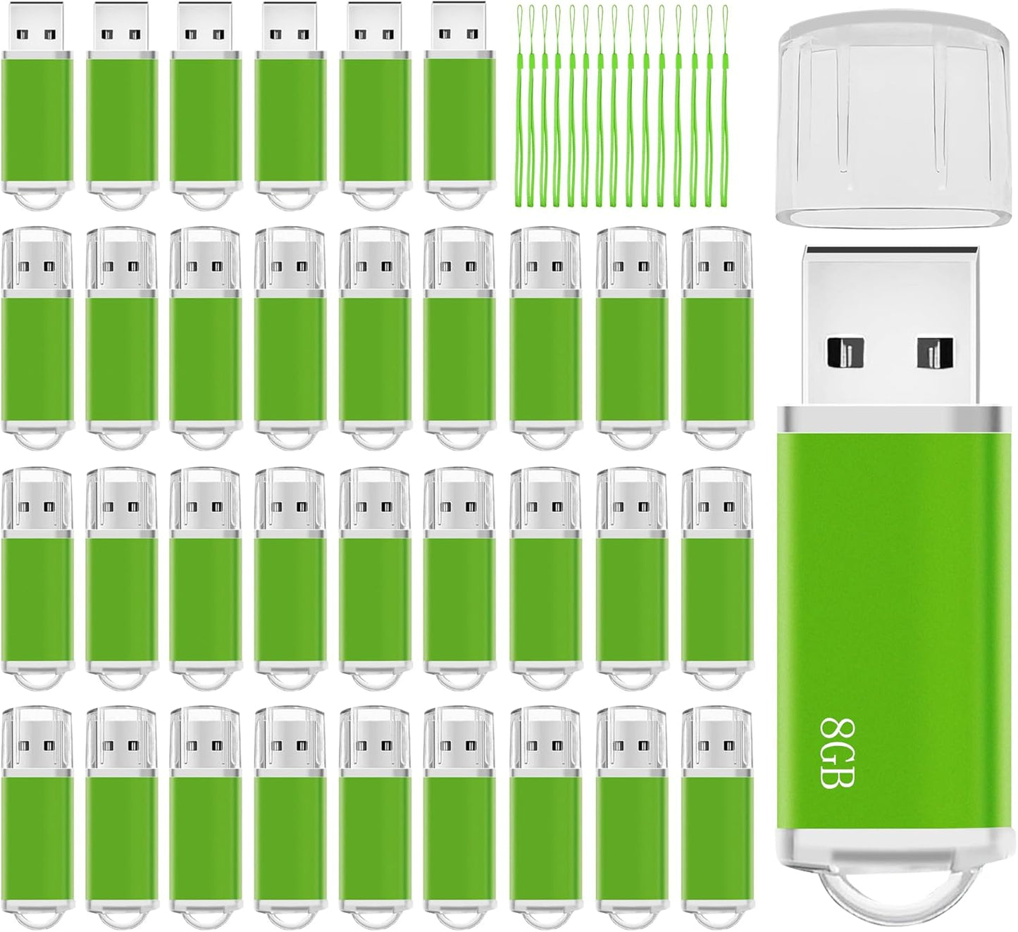 Memorias USB 8GB Flash Drive 50 Pack, USB 2.0 Thumb Drives Bulk Memory Sticks 8GB FAT32 USB Flash Drives Bulk Jump Drives Multipack Pack of 50 with Lanyard(Green 50 Packs 8 GB)