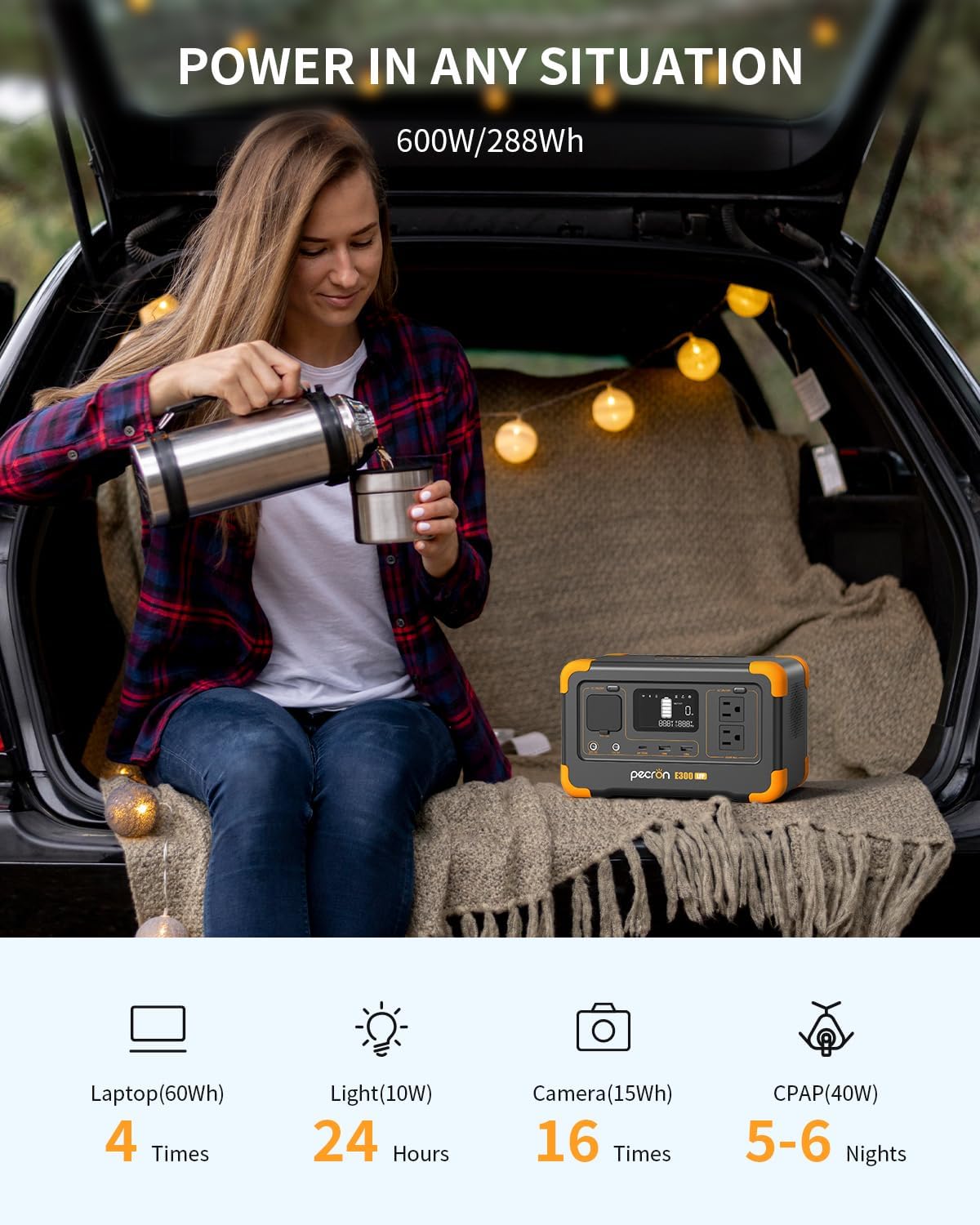pecron Portable Power Station E300LFP, 288Wh Solar Generator, 2 Up to 600W AC Outlets Generator, LiFePO4 Battery Fast Charging, Power Station for Home Use, RV, Camping(Solar Panel Optional)