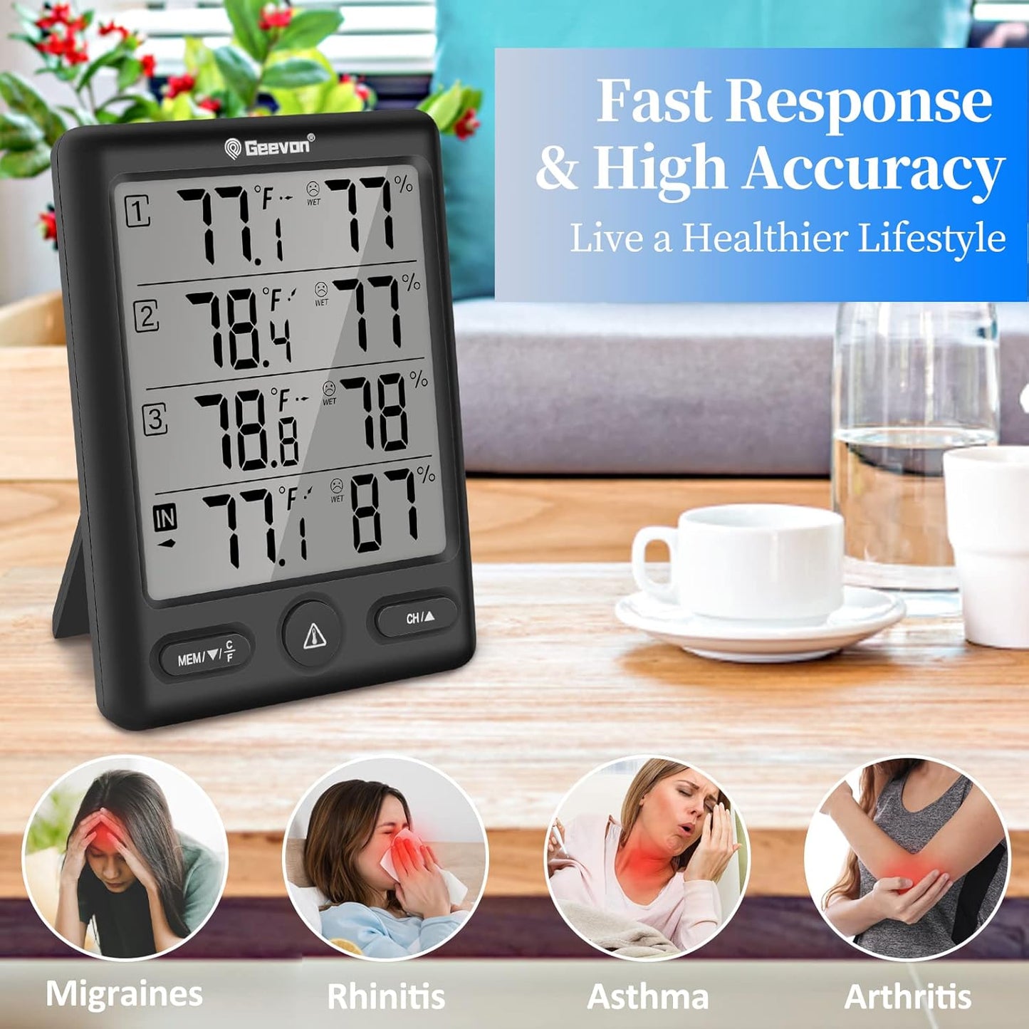 Geevon Indoor Outdoor Thermometer Wireless with 3 Remote Sensors, Digital Hygrometer Thermometer, Wireless Temperature Humidity Monitor Gauge with 200FT/60M Range (Black)