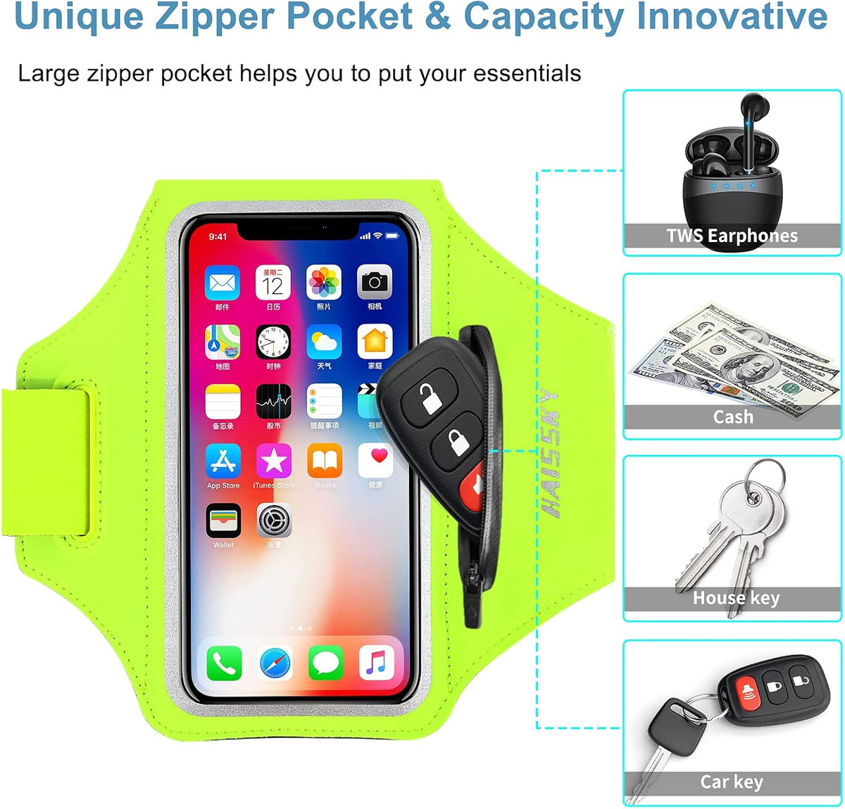 Cell Phone Running Armband with Zipper Pocket Armband Case Running Holder for iPhone 16 Pro Max/15/14 Pro Max/13/12 /11 Pro Max/XS/XR,Galaxy S20 S10,Sweatproof Arm Band with Card/Key Bag