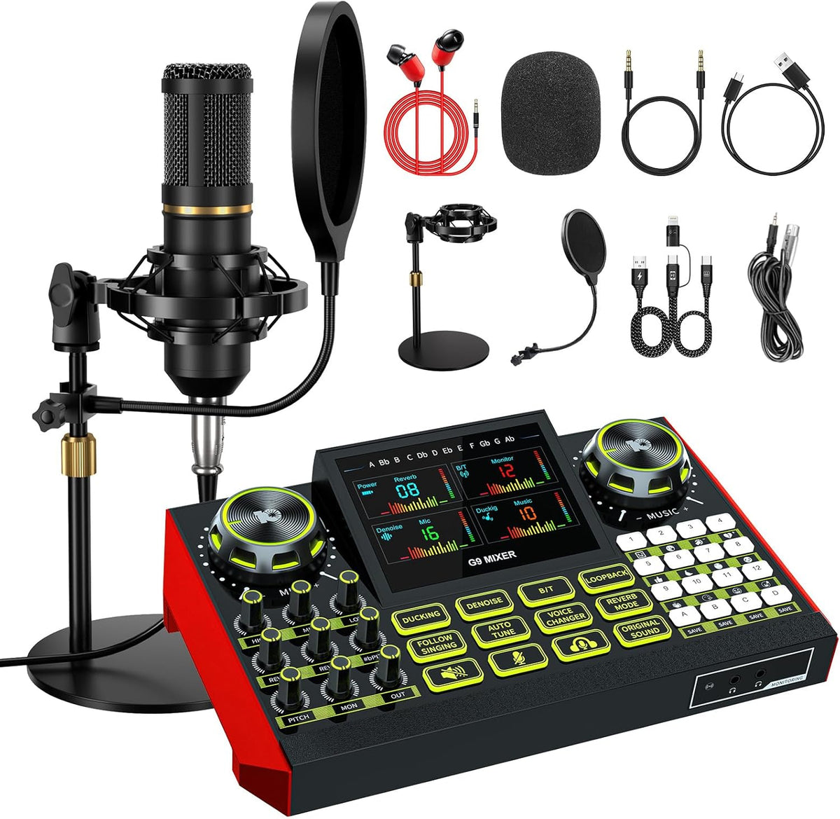 Podcast Microphone Bundle with Live Sound Card Audio Mixer, Podcast Equipment Bundle Sound Board with 3.5mm Condenser Microphone for Pc/Phone Live Streaming Singing Gaming,Voice Changer, Denoise
