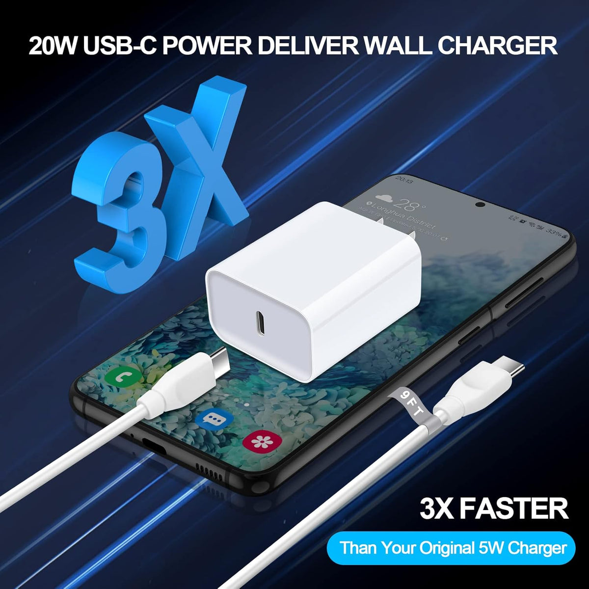 Samsung A16 Charger Fast Charging for Samsung Galaxy S25 S24 S23 S22 Ultra S21 S20 FE 5G A73 A55 A54 A53 A15 A14 A52 A42 A32 A23 A13 A12 A04 A03S,20W PD Charger Block & 9ft C Cable Charger