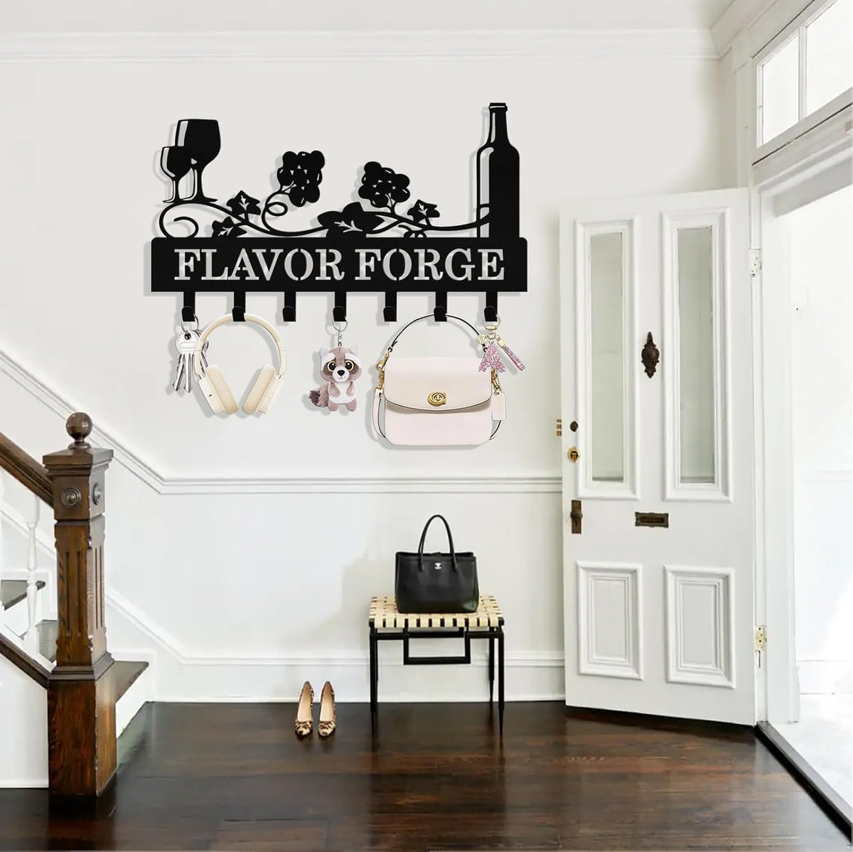 Personalized Wine Key Holder Wall Mount, Custom Metal Key Rack Key Holder with Name, Deer Cabin Wall Keys Hanger with Hooks for Entryway, Front Door, Hallway, Kitchen, Living Room