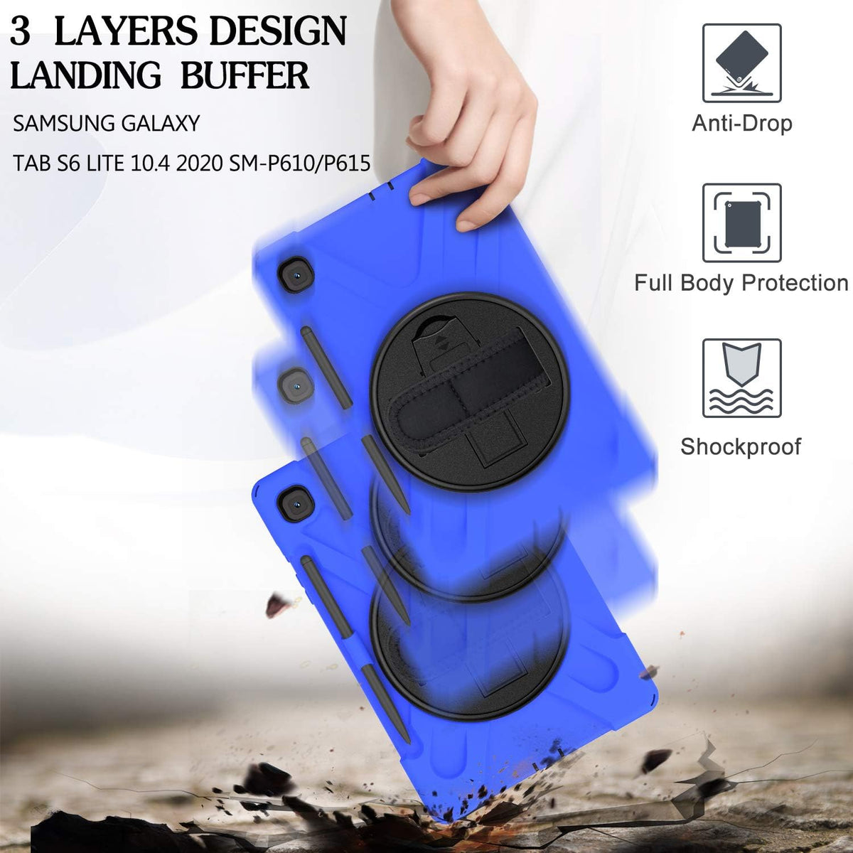 BRAECN for Samsung Galaxy Tab S6 Lite 10.4 Case 2024, Rugged Protective Case with Rotating Kickstand, Carrying Shoulder Strap, Handle Hand Strap, S Pen Holder for Galaxy Tab S6 Lite 10.4”2022-Blue